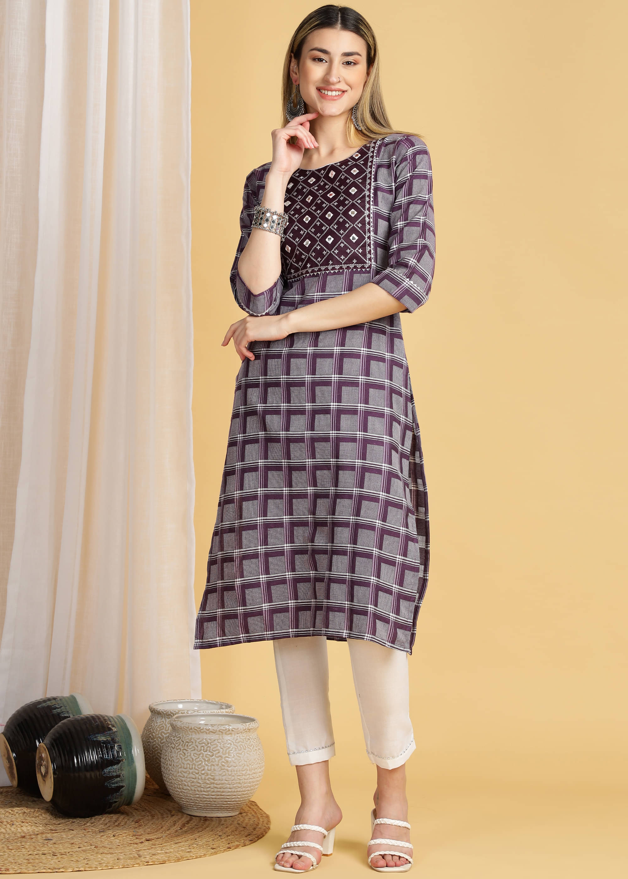     			TRAHIMAM Cotton Blend Checks Kurti With Pants Women's Stitched Salwar Suit - Maroon ( Pack of 1 )