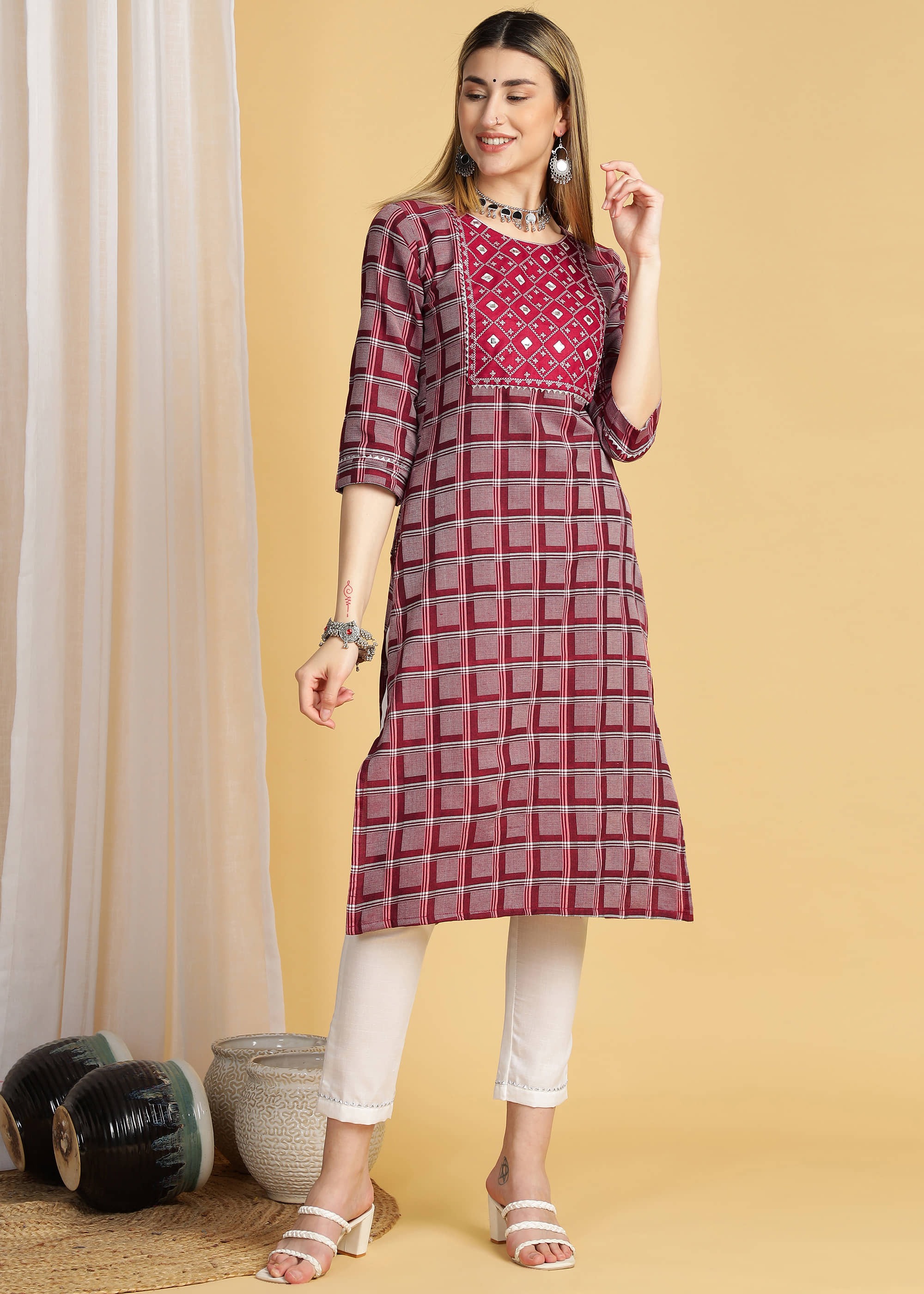 TRAHIMAM Cotton Blend Checks Kurti With Pants Women's Stitched Salwar Suit - Multicolor ( Pack of 1 )