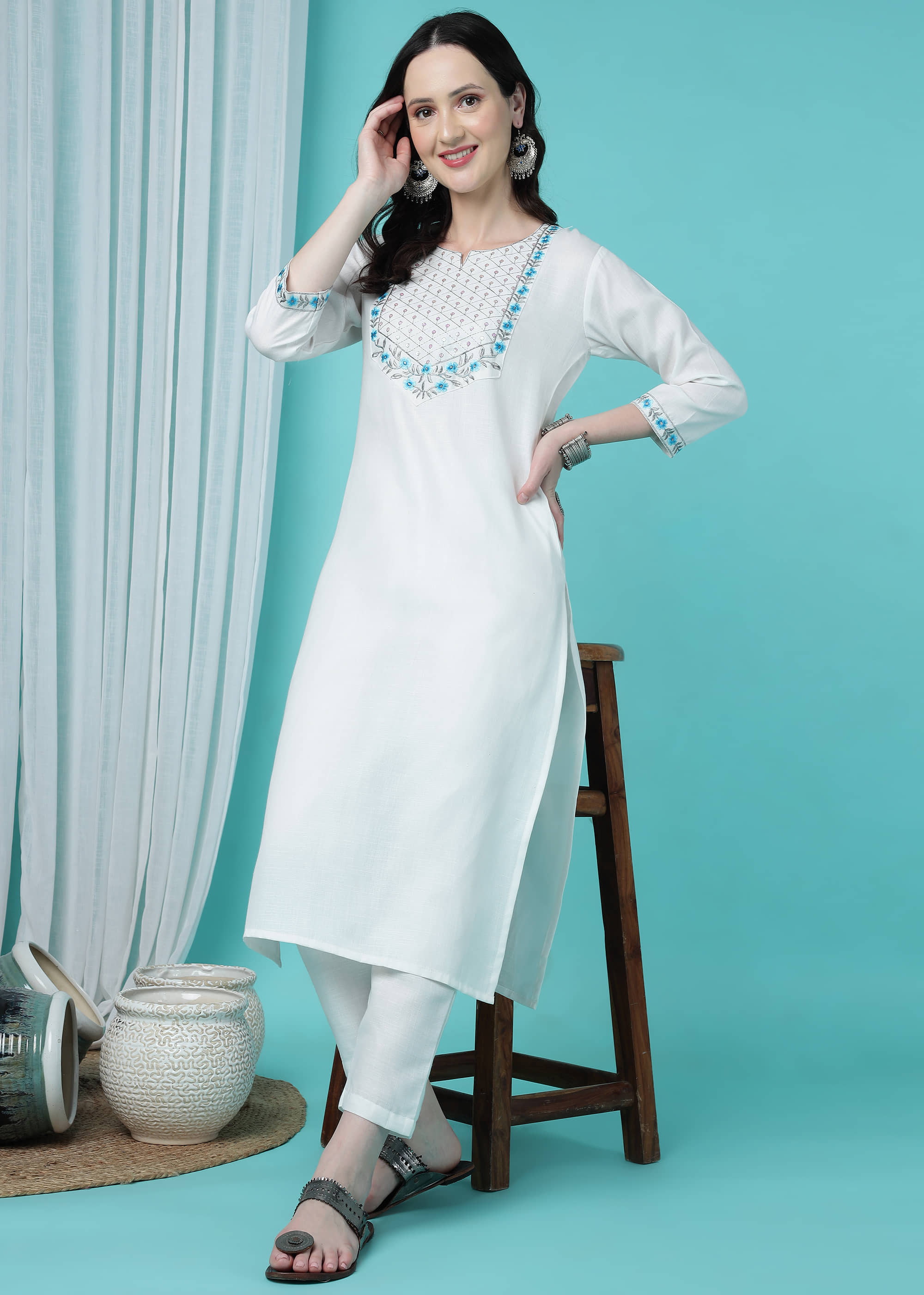 TRAHIMAM Cotton Blend Embroidered Kurti With Pants Women's Stitched Salwar Suit - White ( Pack of 1 )