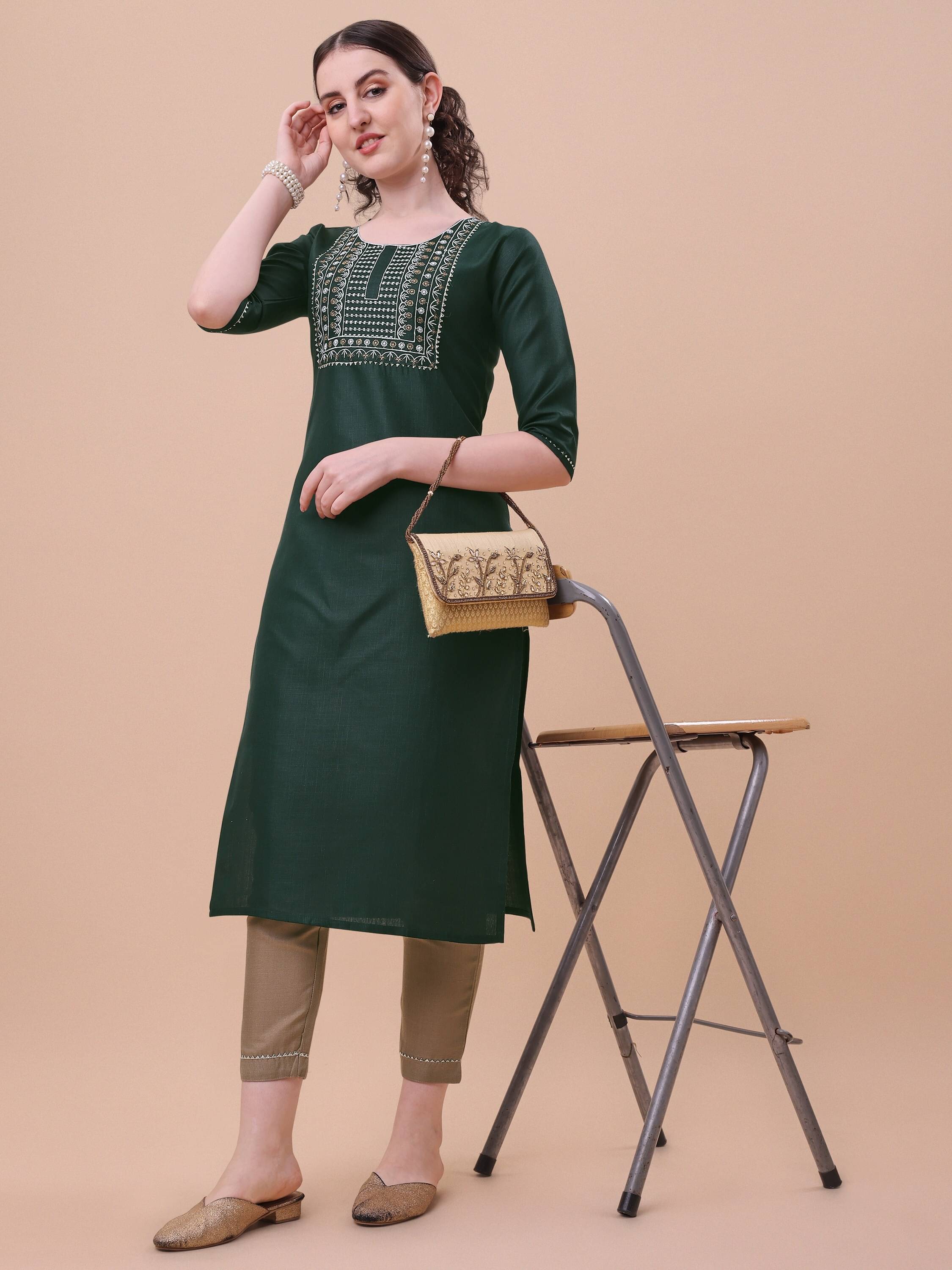 TRAHIMAM Cotton Blend Embroidered Kurti With Pants Women's Stitched Salwar Suit - Green ( Pack of 1 )     			TRAHIMAM Cotton Blend Embroidered Kurti With Pants Women's Stitched Salwar Suit - Green ( Pack of 1 )