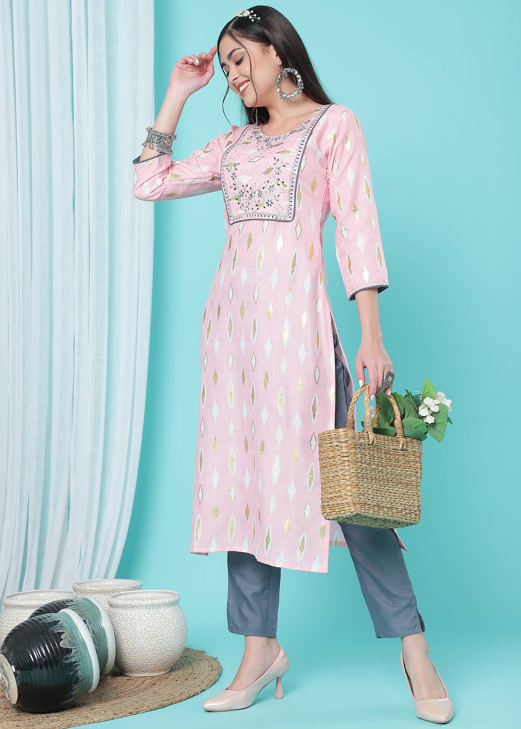     			TRAHIMAM Cotton Blend Printed Kurti With Pants Women's Stitched Salwar Suit - Pink ( Pack of 1 )