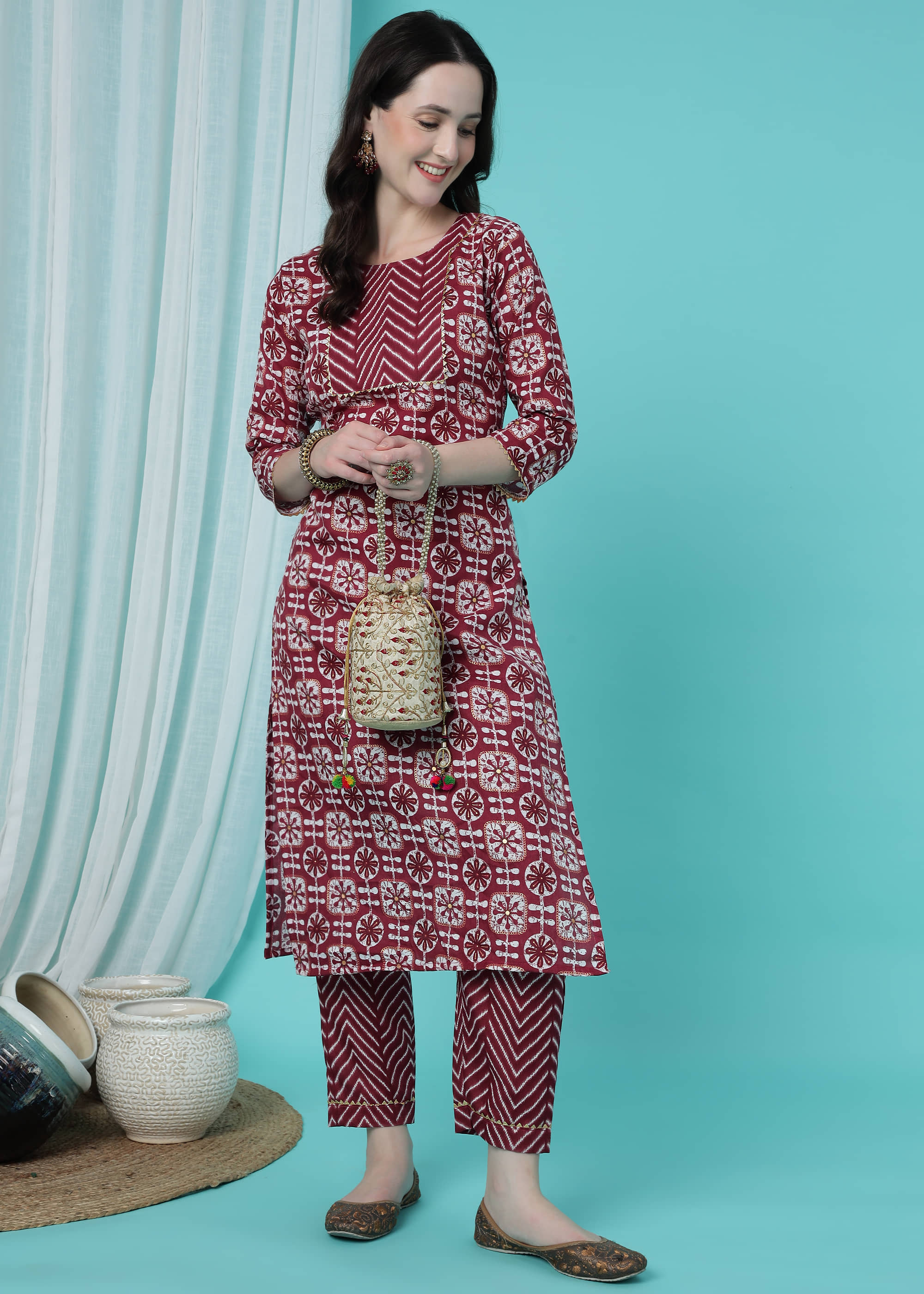 TRAHIMAM Cotton Blend Printed Kurti With Pants Women's Stitched Salwar Suit - Maroon ( Pack of 1 )