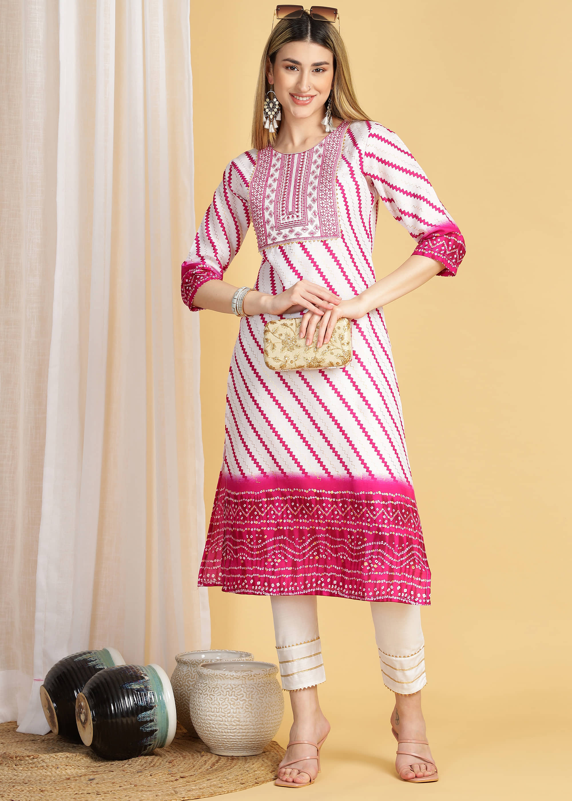 TRAHIMAM Cotton Printed Kurti With Pants Women's Stitched Salwar Suit - Pink ( Pack of 1 )