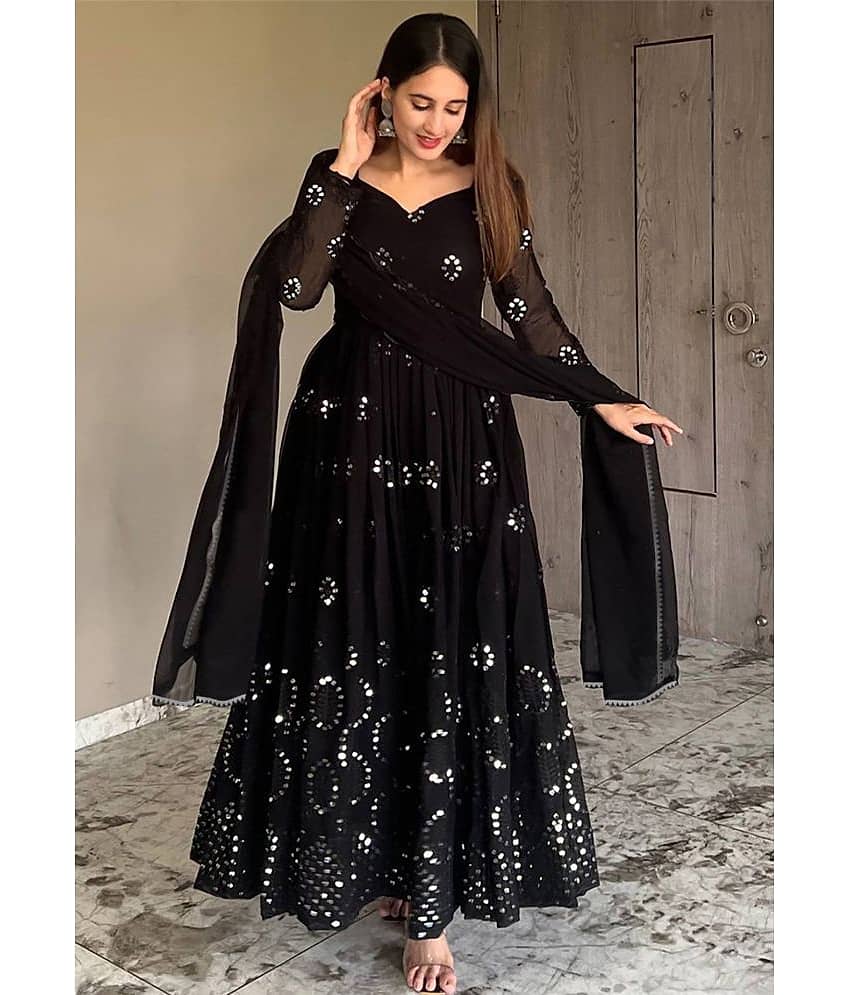 Trijal Fab Black Anarkali Georgette Women's Stitched Ethnic Gown ( Pack of 1 ) - Unstitched Fabrics | Buy online on ZillyBuy