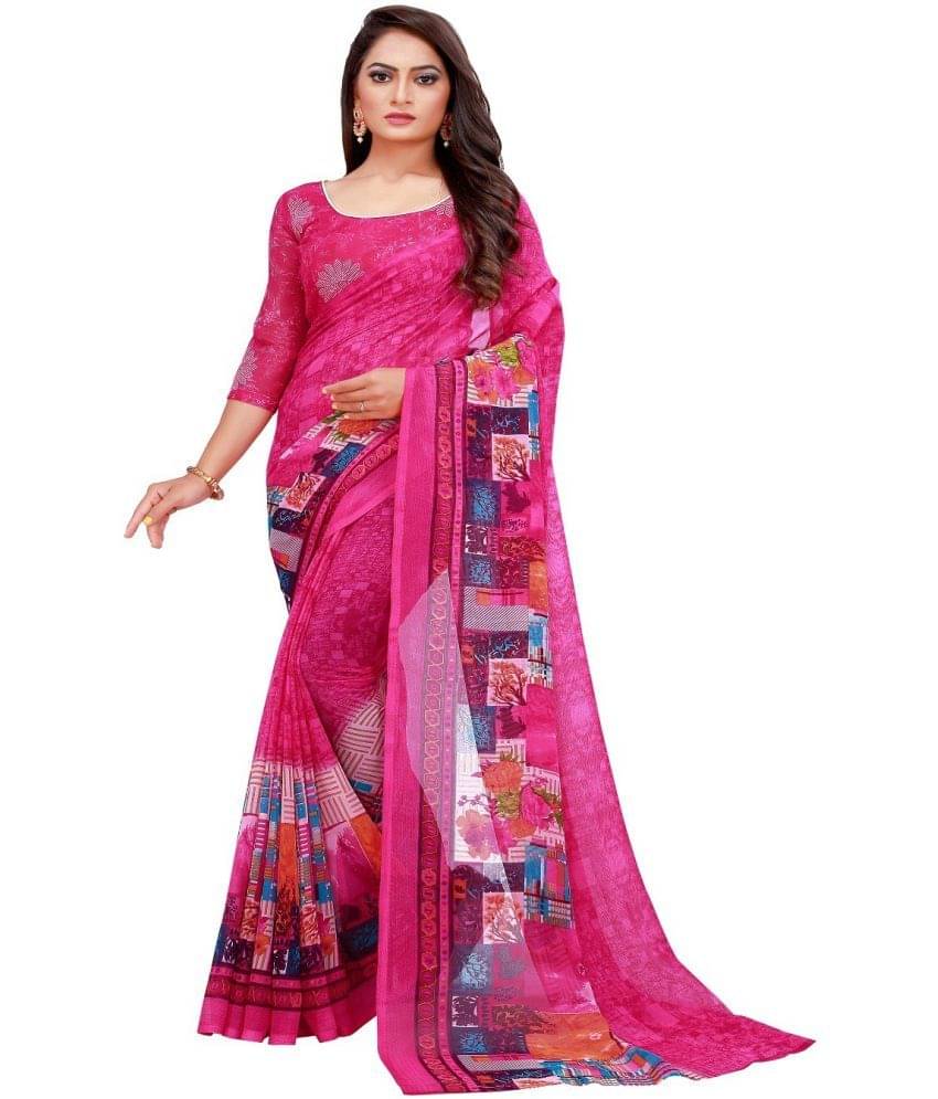     			Vkaran Net Cut Outs Saree With Unstitched Blouse Piece ( Pink )