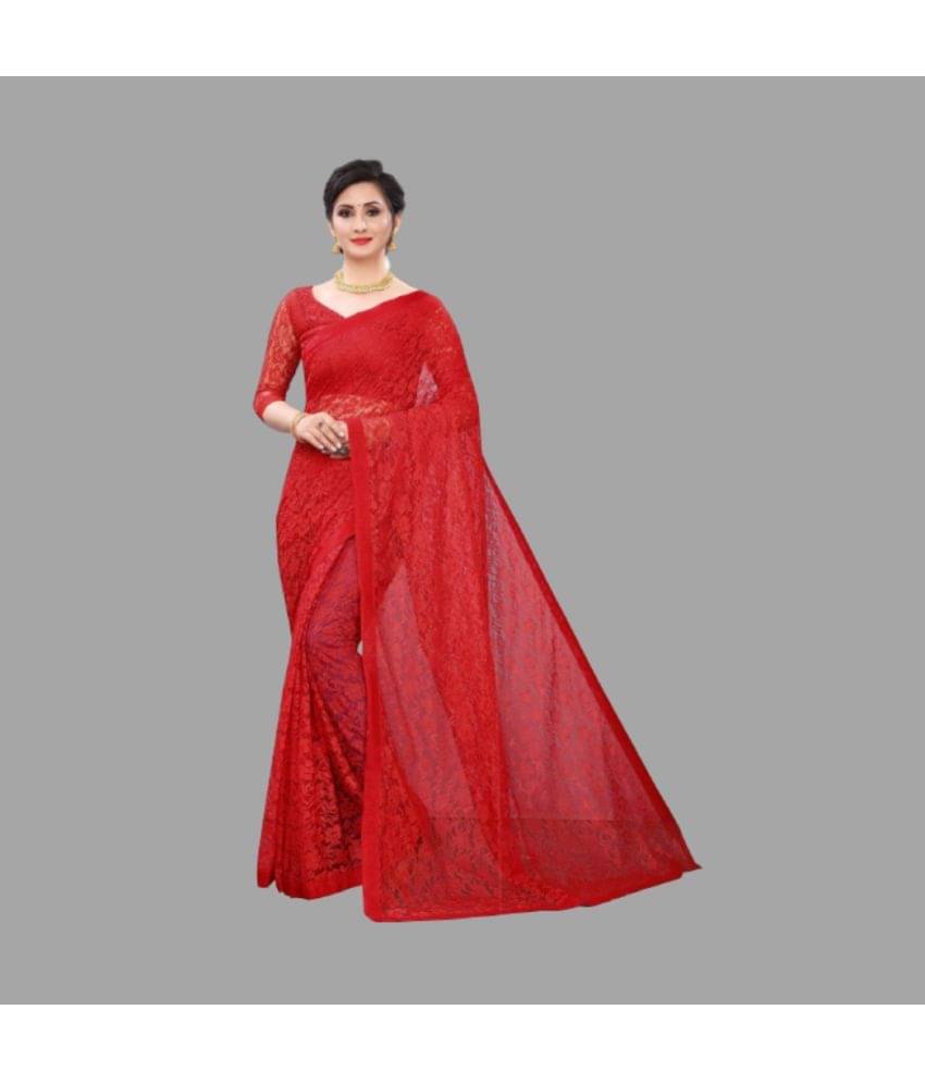     			Vkaran Net Cut Outs Saree With Unstitched Blouse Piece ( Red )