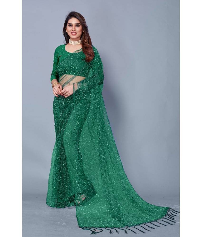     			Vkaran Net Cut Outs Saree With Unstitched Blouse Piece ( Green )