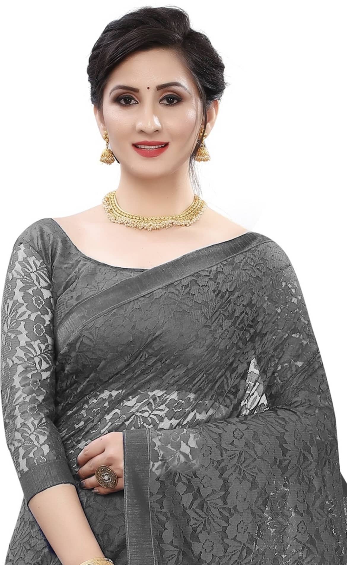 Vkaran Net Cut Outs Saree With Unstitched Blouse Piece ( Grey ) - Sarees | Buy online on ZillyBuy