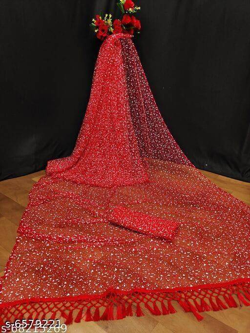     			Vkaran Net Cut Outs Saree With Unstitched Blouse Piece ( Red )