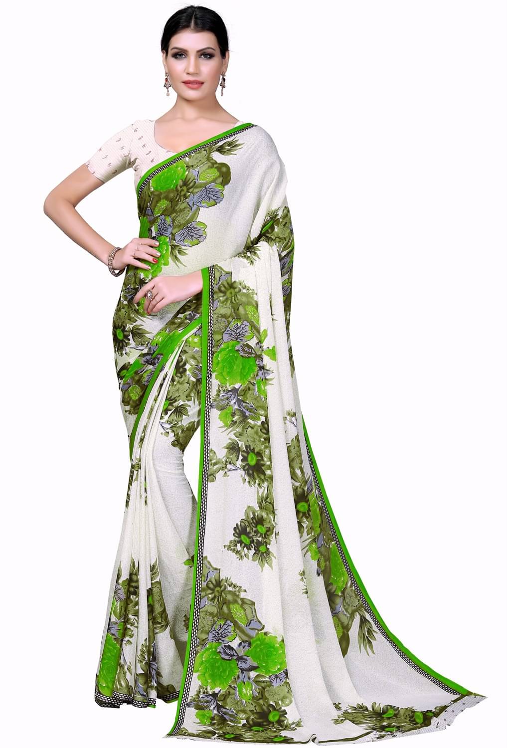     			Vkaran Net Cut Outs Saree With Unstitched Blouse Piece ( White )