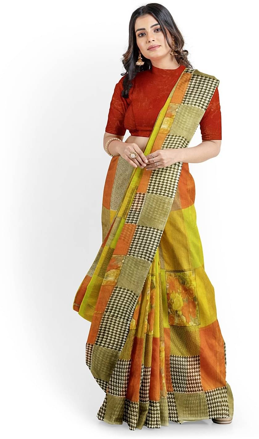     			Vkaran Net Cut Outs Saree With Unstitched Blouse Piece ( Gold )