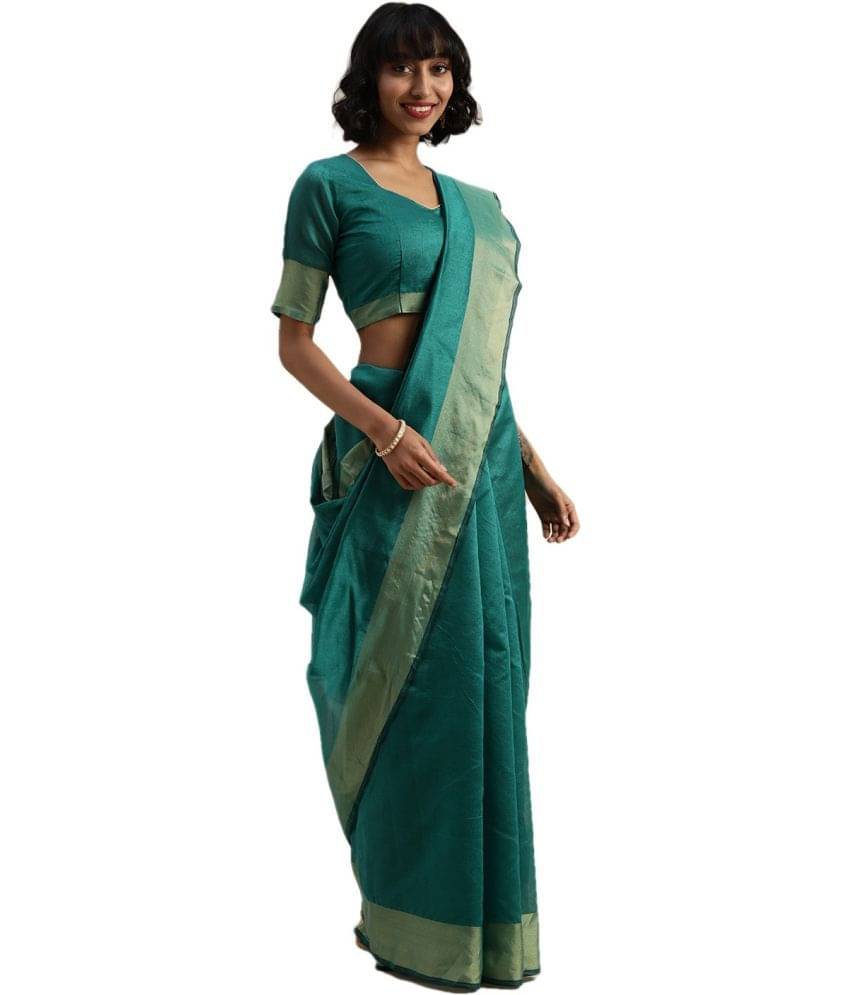     			Vkaran Net Cut Outs Saree With Unstitched Blouse Piece ( Green )