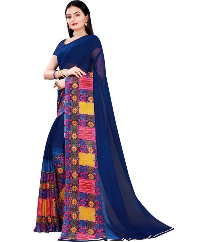     			Vkaran Net Cut Outs Saree With Unstitched Blouse Piece ( Blue )