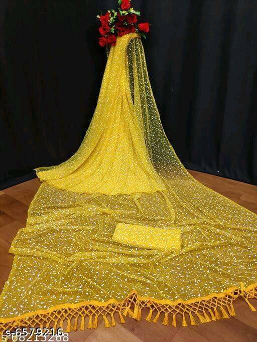 Vkaran Net Cut Outs Saree With Unstitched Blouse Piece ( Yellow ) Vkaran Net Cut Outs Saree With Unstitched Blouse Piece ( Yellow )