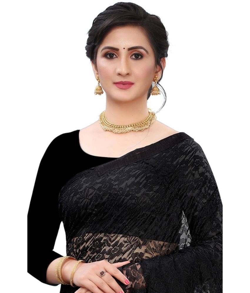    			Vkaran Net Cut Outs Saree With Unstitched Blouse Piece ( Black )
