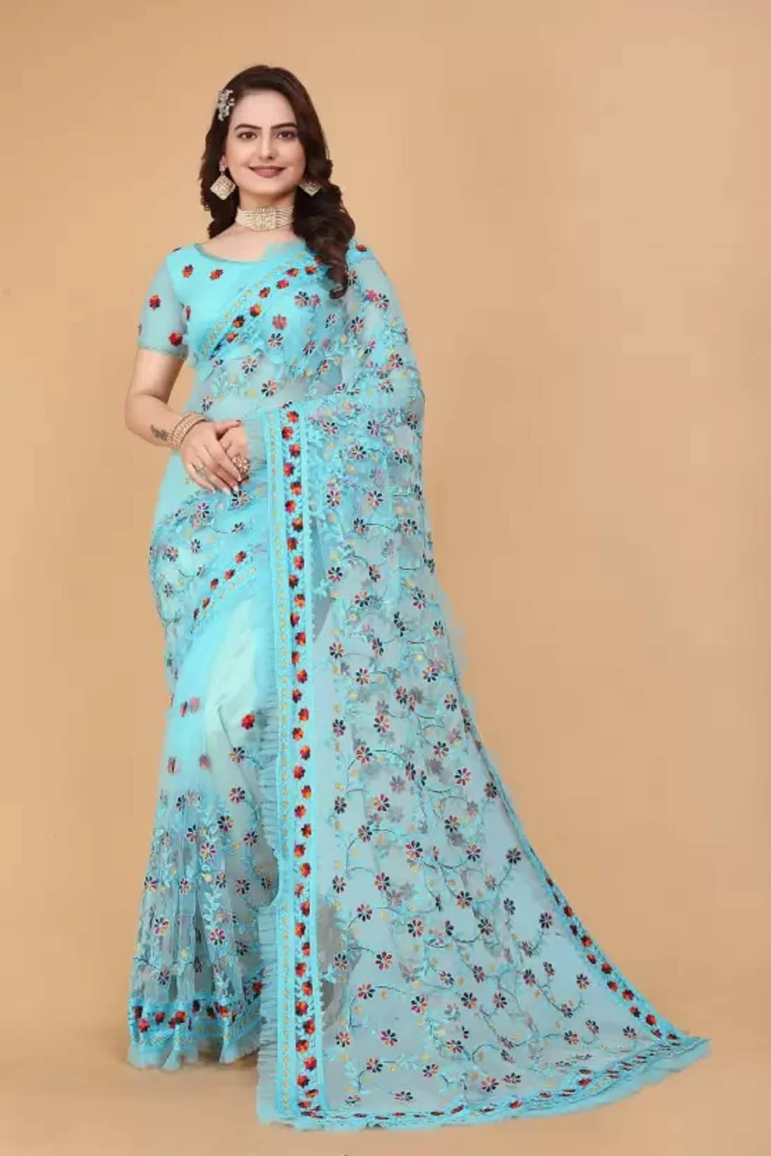 A TO Z CART Net Embroidered Saree With Unstitched Blouse Piece ( SkyBlue ) A TO Z CART Net Embroidered Saree With Unstitched Blouse Piece ( SkyBlue )