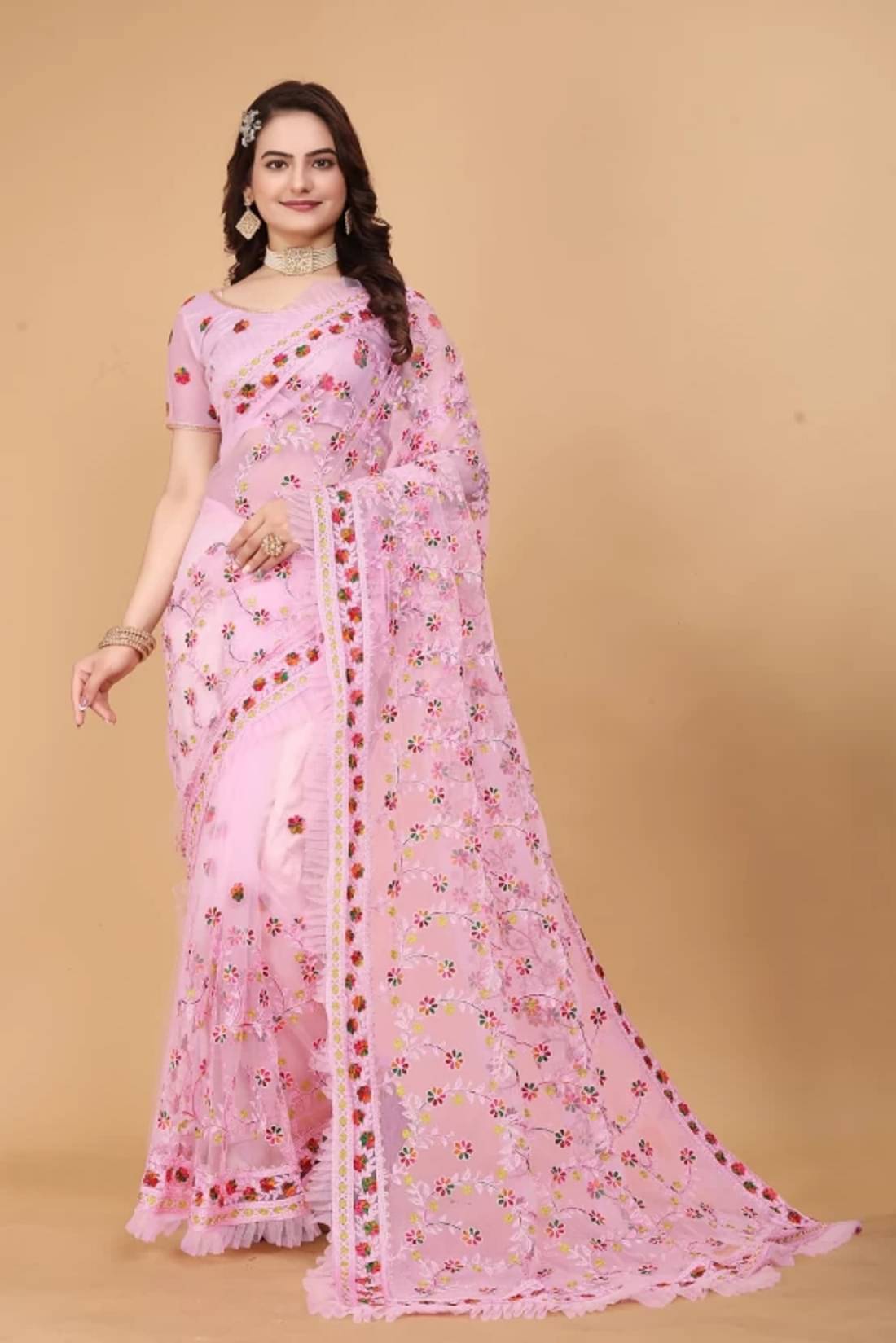 A TO Z CART Net Embroidered Saree With Unstitched Blouse Piece ( Pink ) A TO Z CART Net Embroidered Saree With Unstitched Blouse Piece ( Pink )