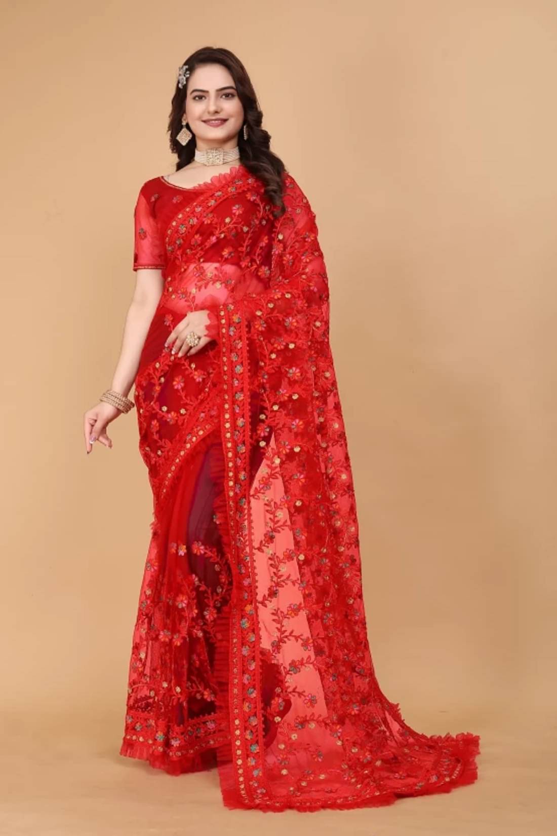 A TO Z CART Net Embroidered Saree With Unstitched Blouse Piece ( Red ) A TO Z CART Net Embroidered Saree With Unstitched Blouse Piece ( Red )