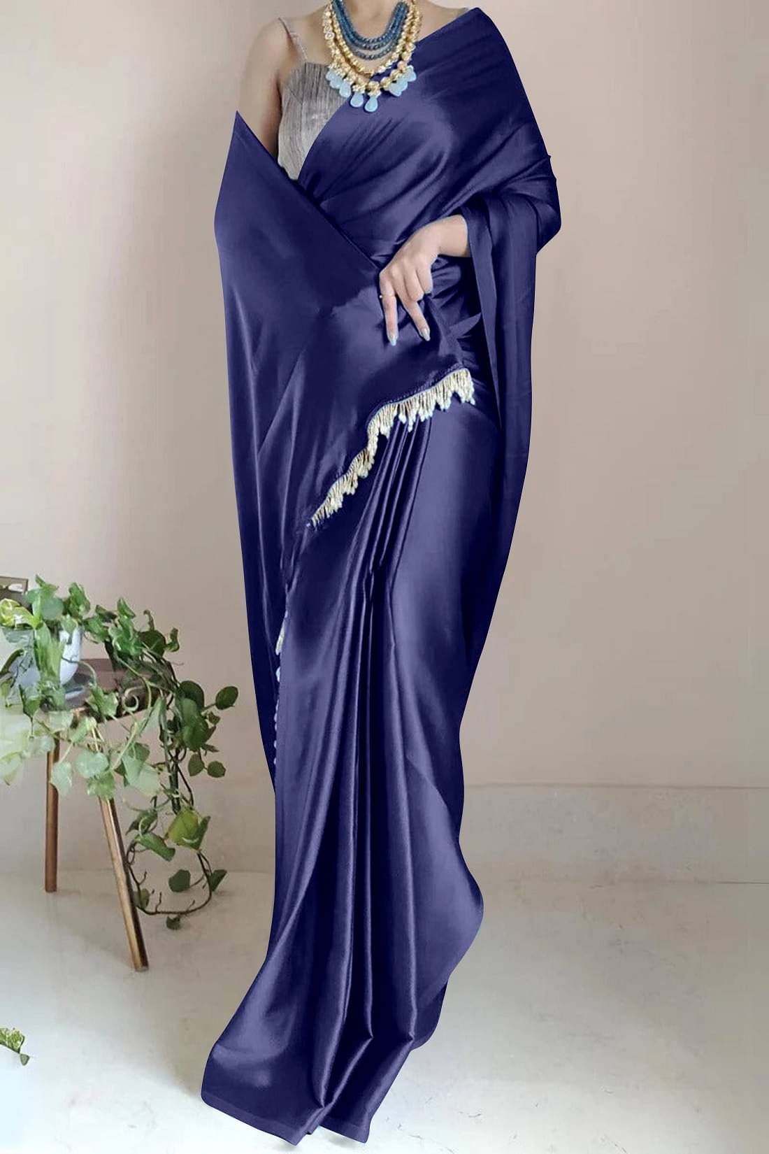 A TO Z CART Satin Solid Saree With Unstitched Blouse Piece ( Navy Blue ) A TO Z CART Satin Solid Saree With Unstitched Blouse Piece ( Navy Blue )