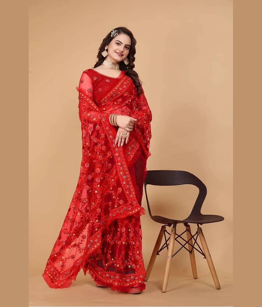 Apnisha Net Embroidered Saree With Unstitched Blouse Piece ( Red ) - Sarees | Buy online on ZillyBuy