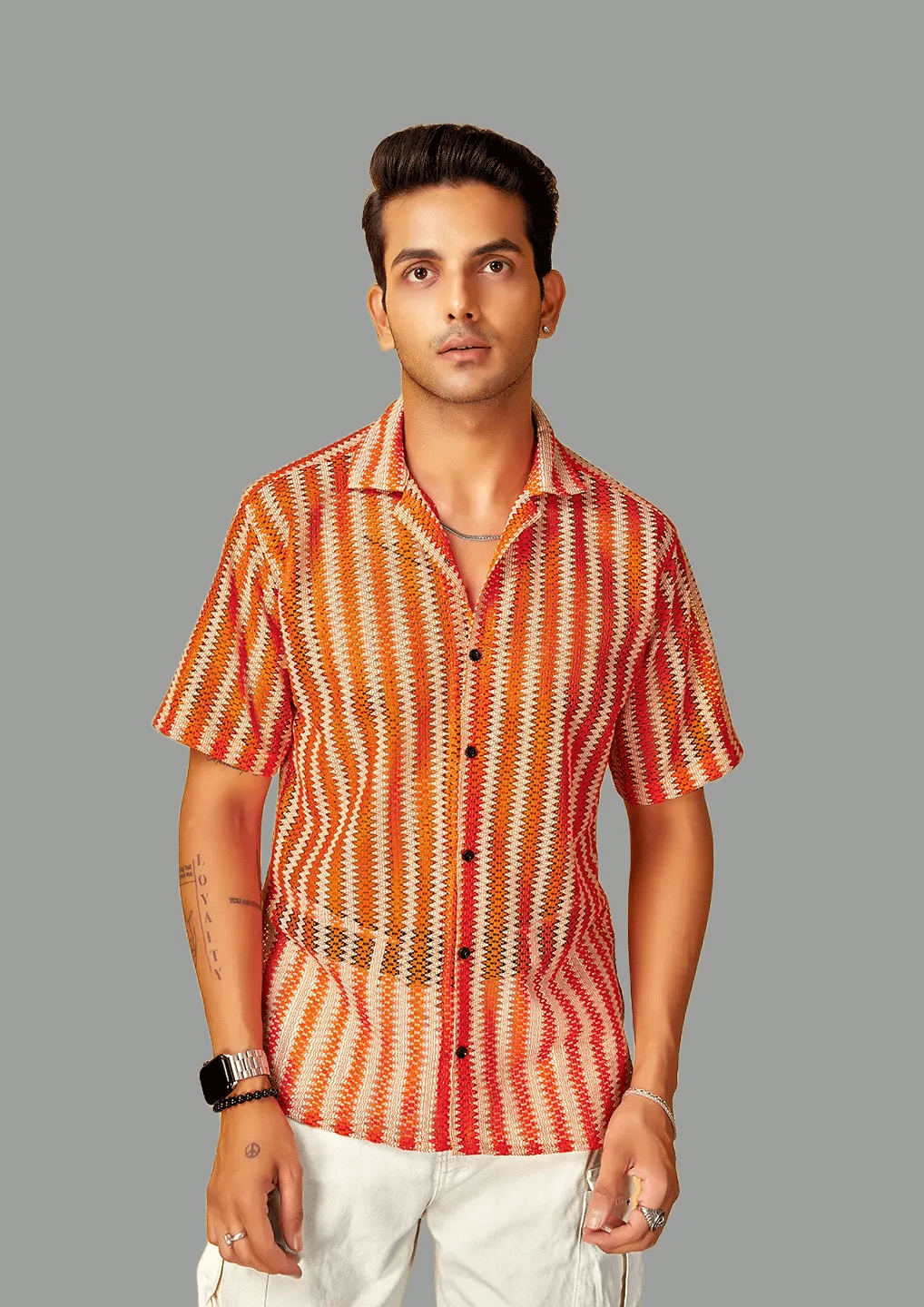     			HARPITA Cotton Blend Oversized Fit Striped Half Sleeves Men's Casual Shirt - Orange ( Pack of 1 )