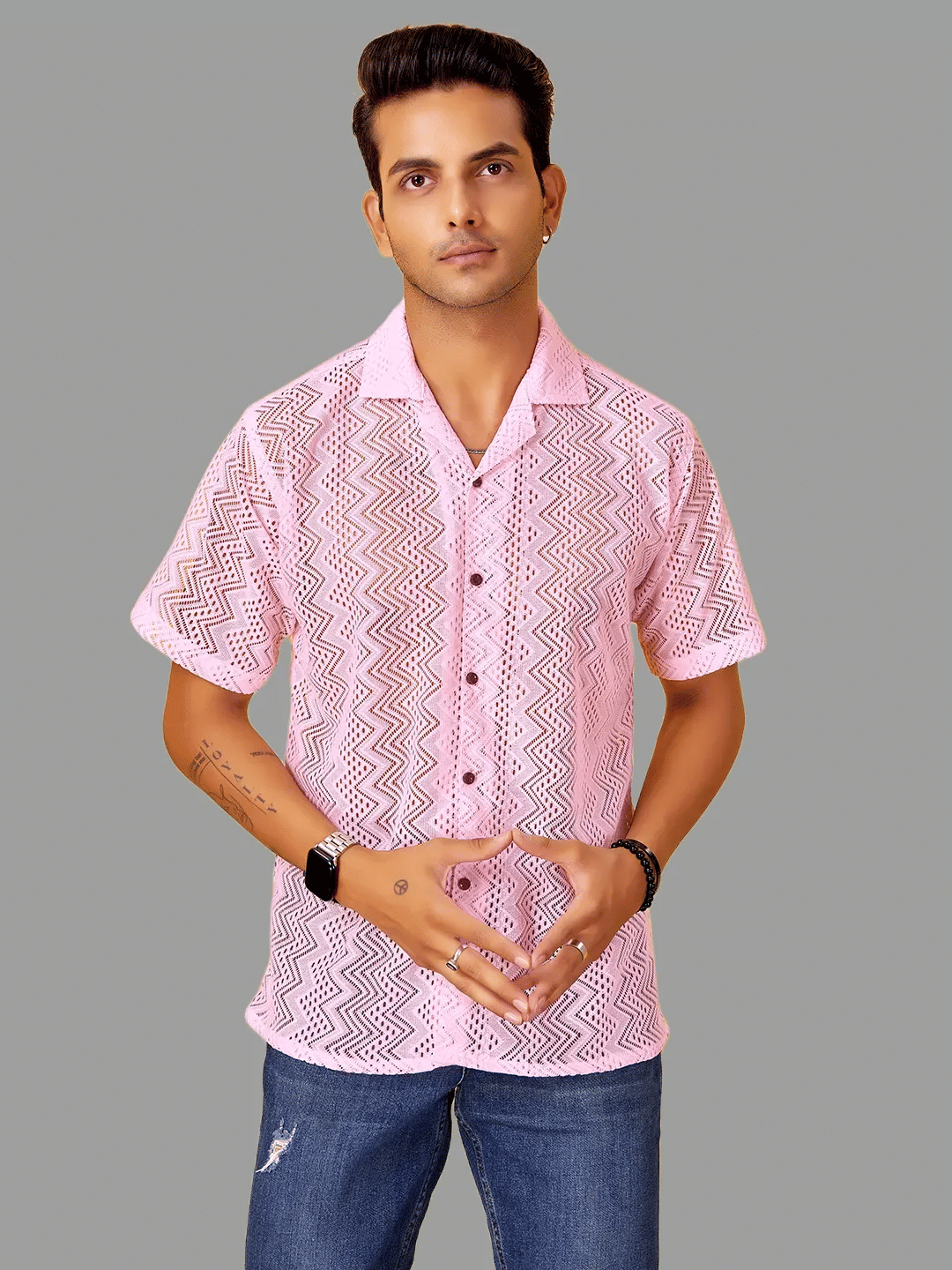 HARPITA Cotton Blend Oversized Fit Self Design Half Sleeves Men's Casual Shirt - Pink ( Pack of 1 )