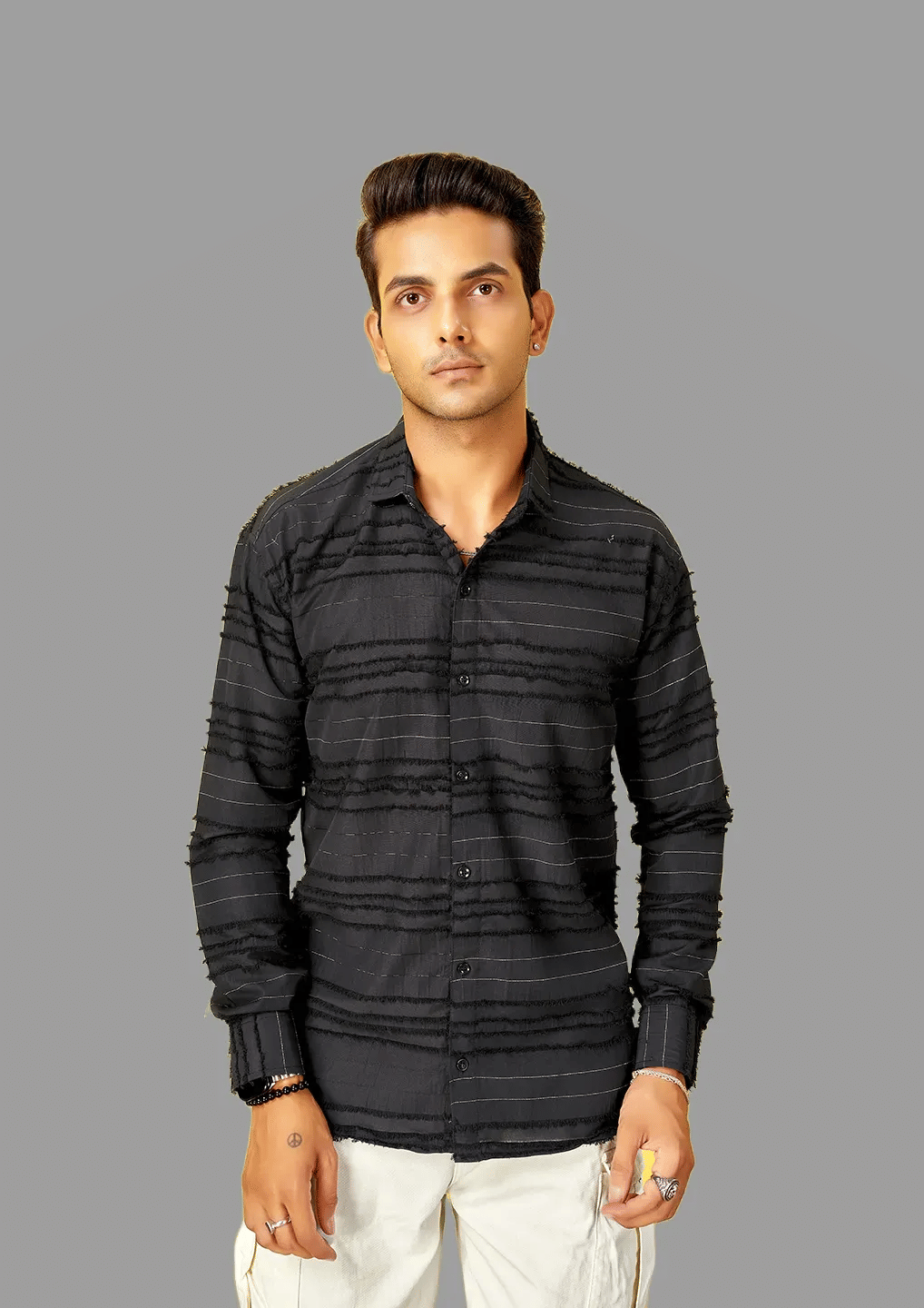 HARPITA Cotton Blend Regular Fit Striped Full Sleeves Men's Casual Shirt - Black ( Pack of 1 )     			HARPITA Cotton Blend Regular Fit Striped Full Sleeves Men's Casual Shirt - Black ( Pack of 1 )
