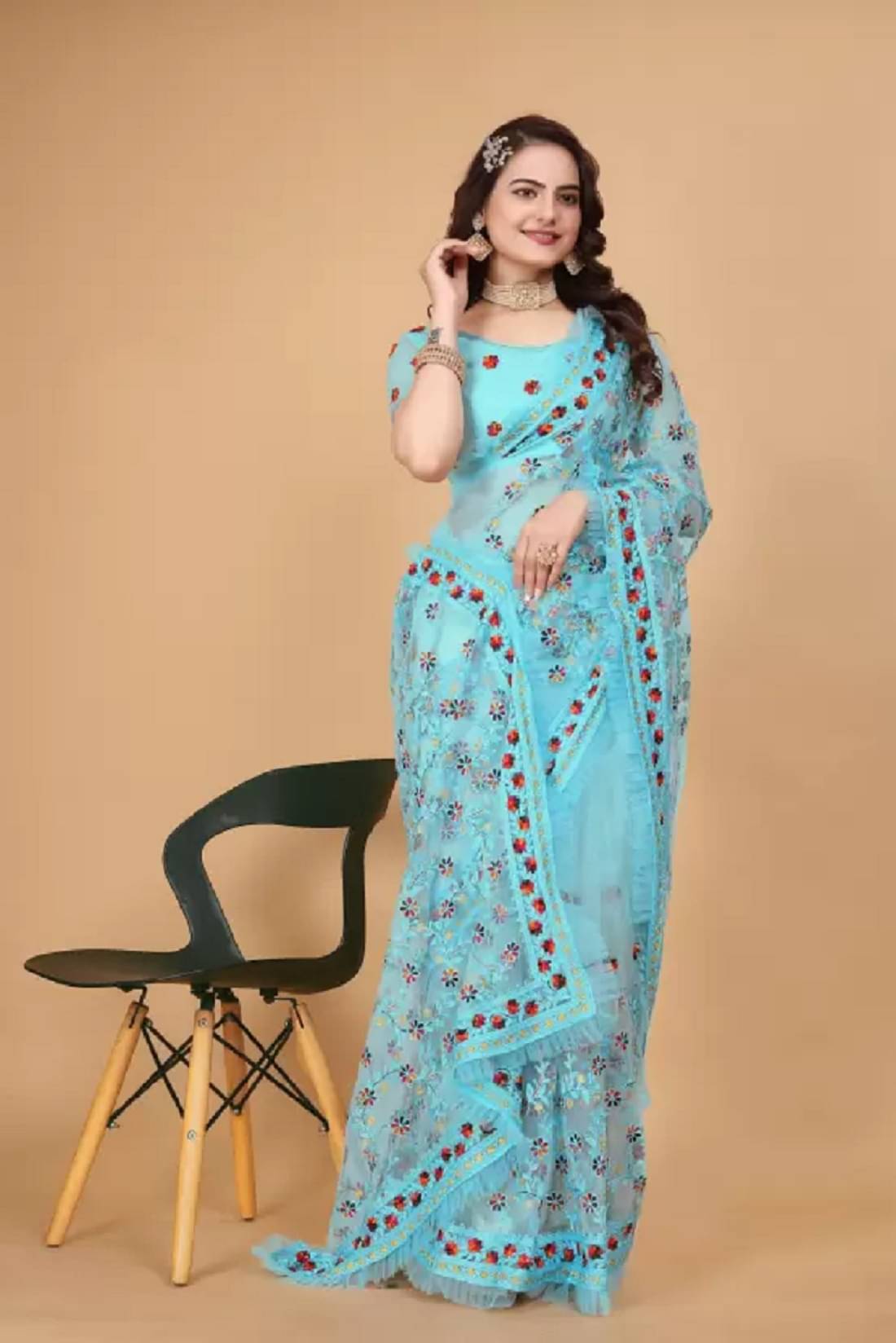     			JULEE Net Embroidered Saree With Unstitched Blouse Piece ( SkyBlue )