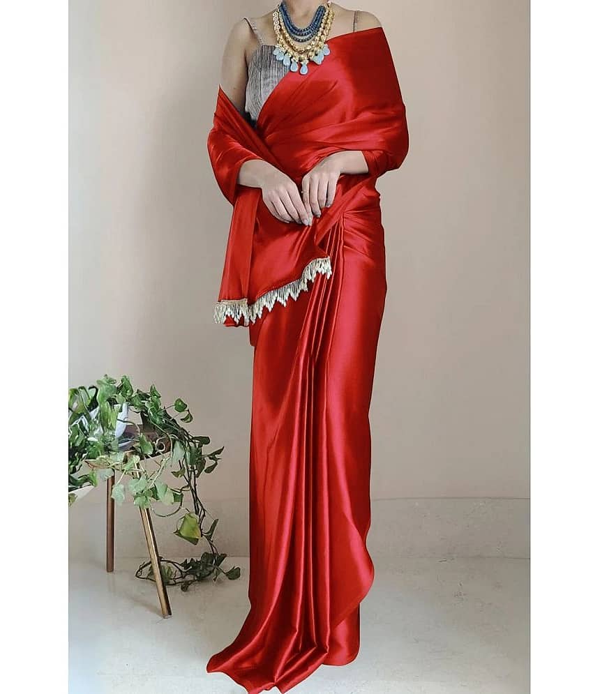 JULEE Satin Solid Saree With Unstitched Blouse Piece ( Navy Blue ) - Sarees | Buy online on ZillyBuy