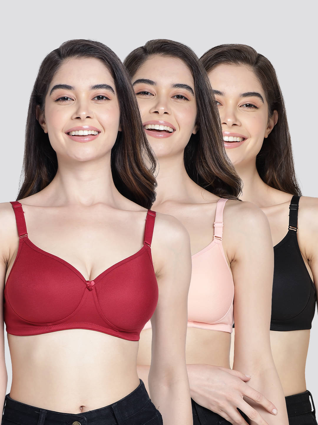 Kalyani Pack of 3 Cotton Blend Lightly Padded Women's T-Shirt Bra ( Multicolor ) CHERRY     			Kalyani Pack of 3 Cotton Blend Lightly Padded Women's T-Shirt Bra ( Multicolor ) CHERRY