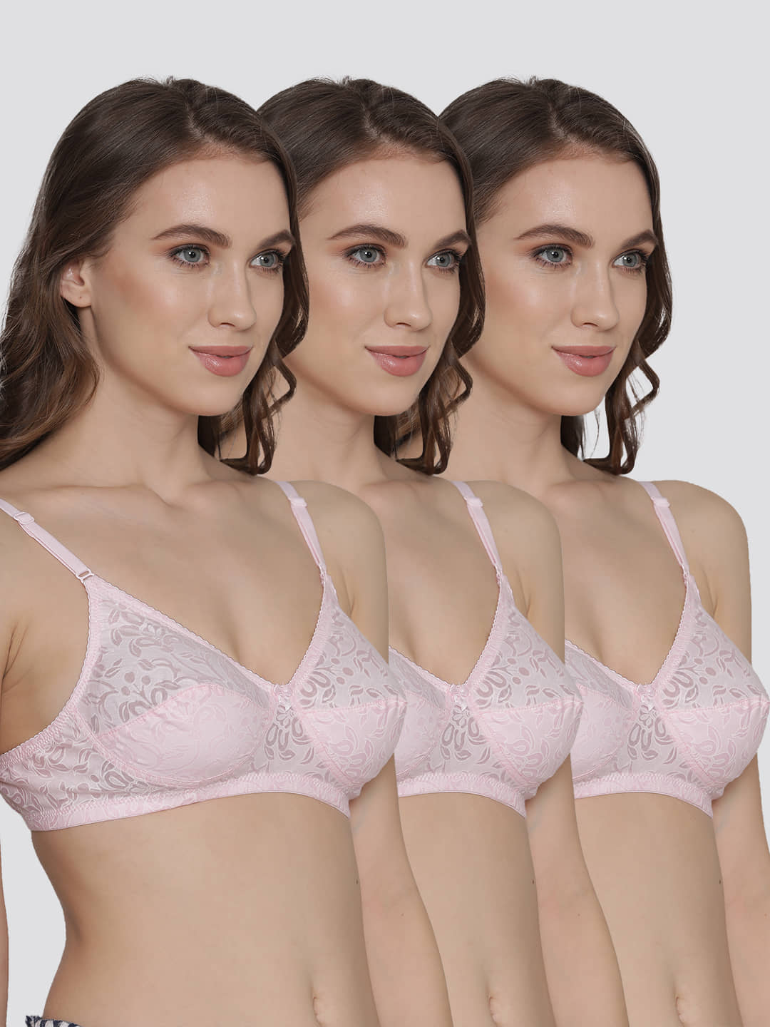 Kalyani Pack of 3 Cotton Blend Non Padded Women's Everyday Bra ( Pink ) SNOW WAVES