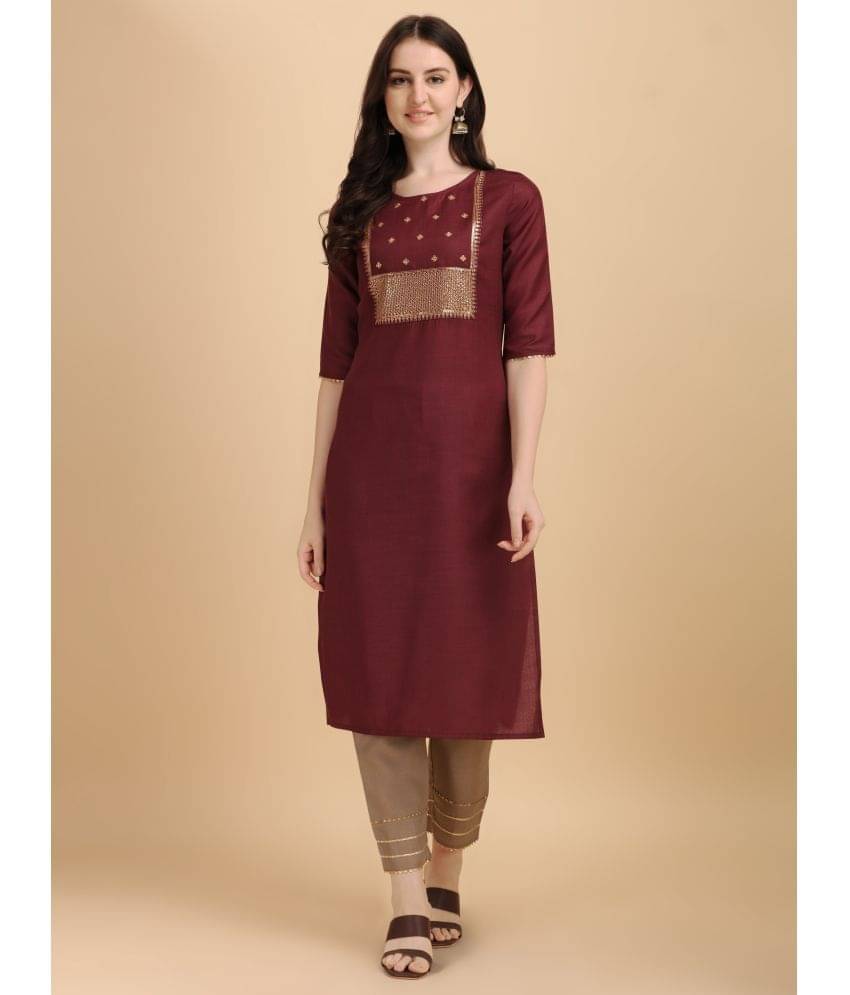 TRAHIMAM Cotton Blend Embellished Kurti With Pants Women's Stitched Salwar Suit - Maroon ( Pack of 1 ) TRAHIMAM Cotton Blend Embellished Kurti With Pants Women's Stitched Salwar Suit - Maroon ( Pack of 1 )