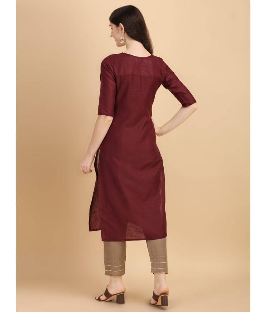 TRAHIMAM Cotton Blend Embroidered Kurti With Pants Women's Stitched Salwar Suit - Maroon ( Pack of 1 ) TRAHIMAM Cotton Blend Embroidered Kurti With Pants Women's Stitched Salwar Suit - Maroon ( Pack of 1 )