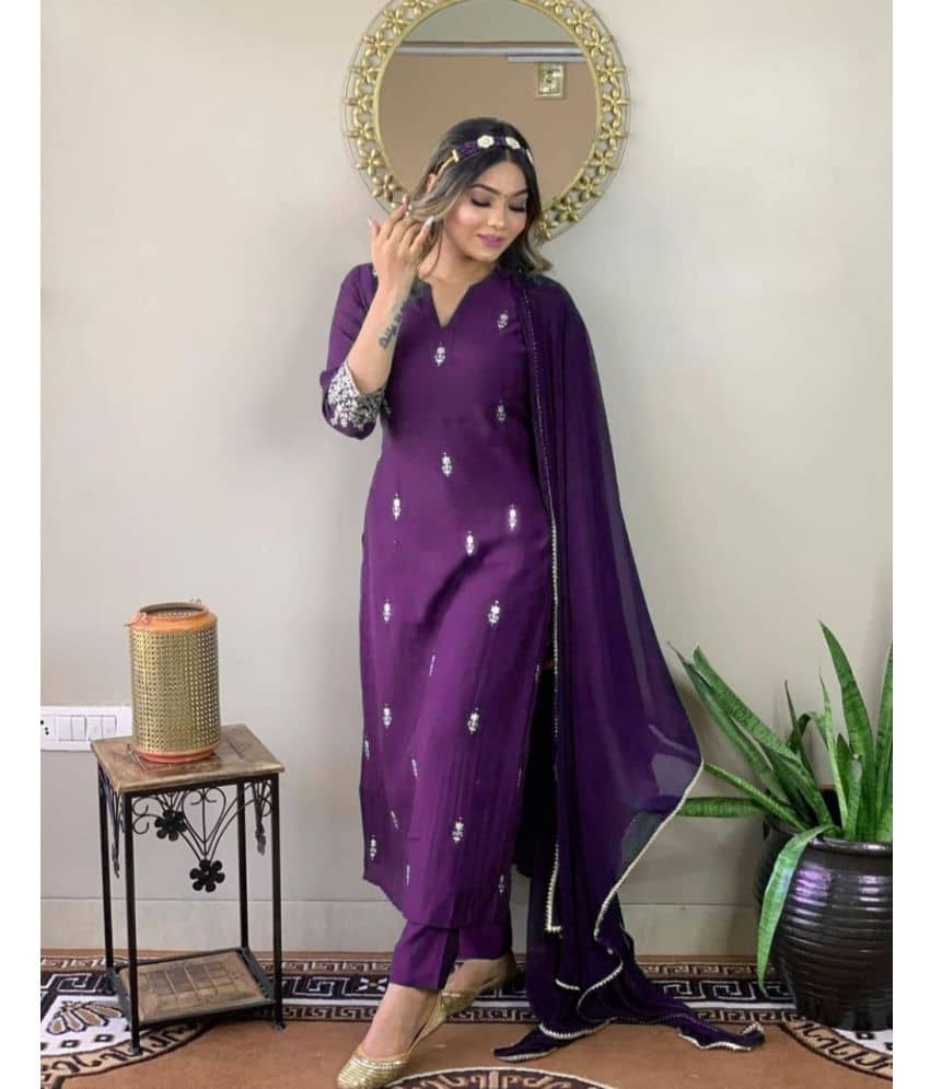 TRAHIMAM Cotton Blend Embroidered Kurti With Pants Women's Stitched Salwar Suit - Purple ( Pack of 1 )