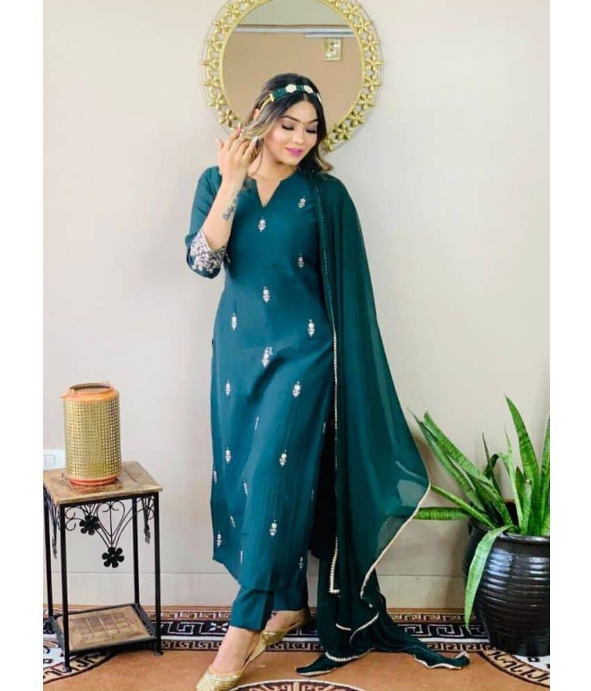 TRAHIMAM Women Cotton Blend Embroidered Straight Kurti With Pants ( Teal )