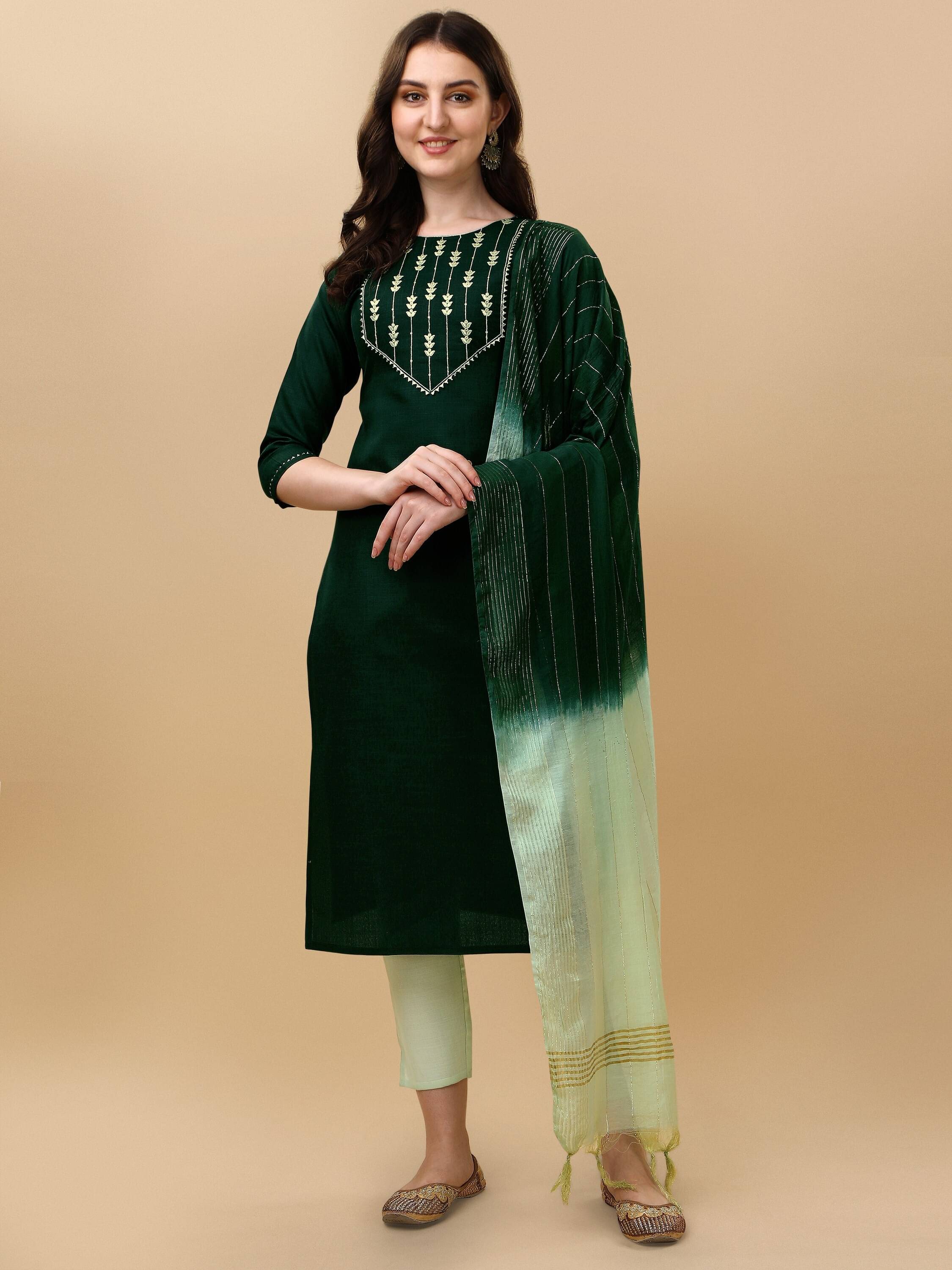     			TRAHIMAM Cotton Blend Embroidered Kurti With Pants Women's Stitched Salwar Suit - Green ( Pack of 1 )