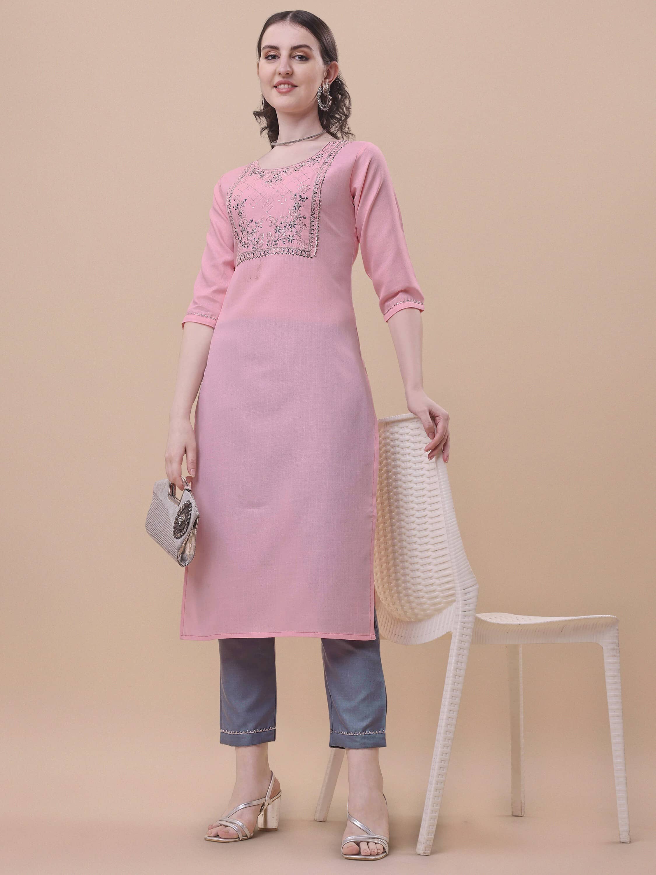 TRAHIMAM Cotton Blend Embroidered Kurti With Pants Women's Stitched Salwar Suit - Pink ( Pack of 1 )