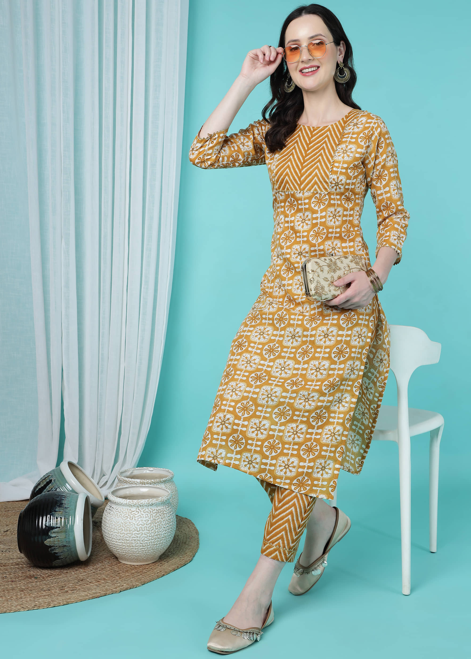 TRAHIMAM Cotton Blend Printed Kurti With Pants Women's Stitched Salwar Suit - Yellow ( Pack of 1 )