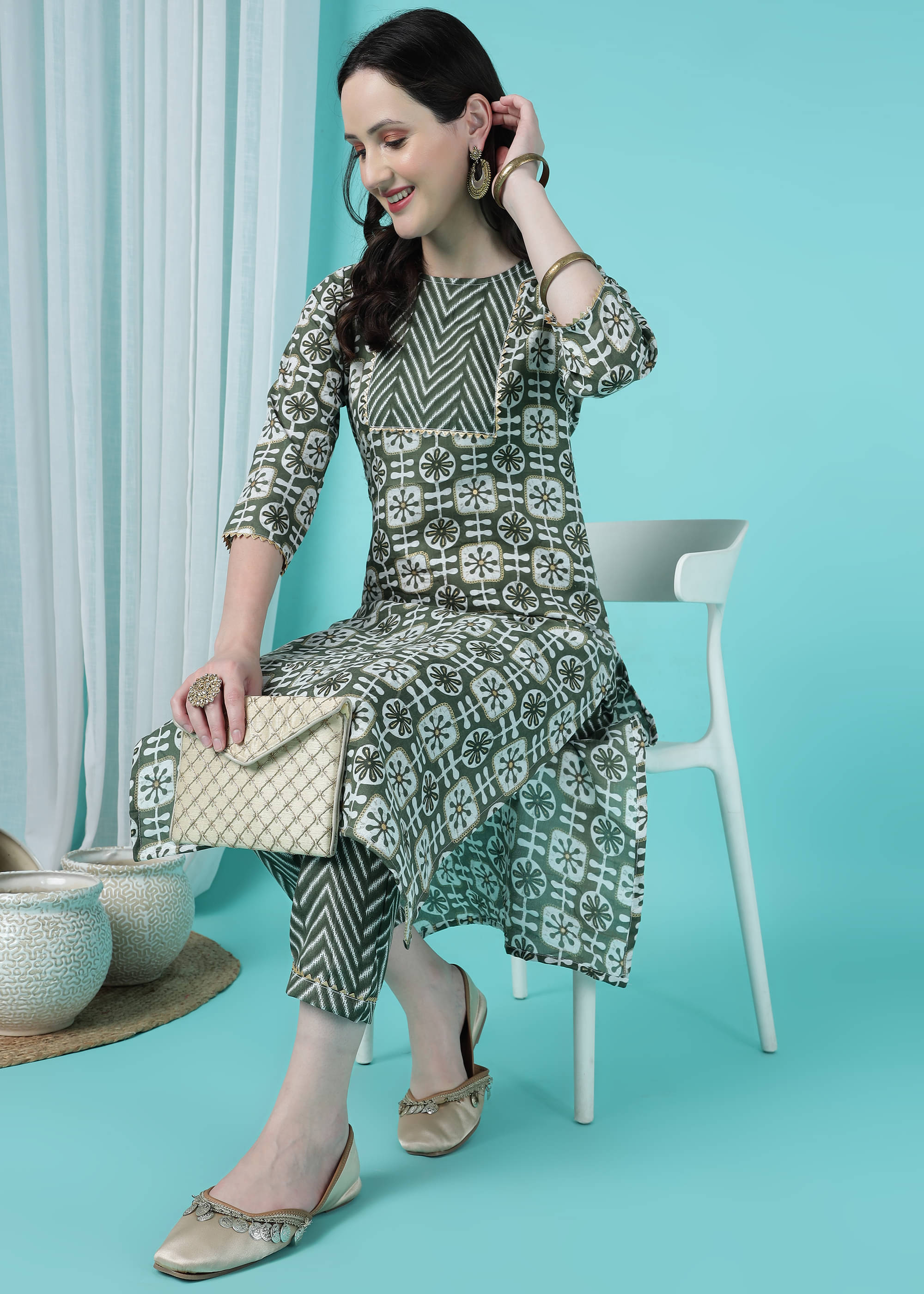 TRAHIMAM Cotton Blend Printed Kurti With Pants Women's Stitched Salwar Suit - Green ( Pack of 1 )     			TRAHIMAM Cotton Blend Printed Kurti With Pants Women's Stitched Salwar Suit - Green ( Pack of 1 )