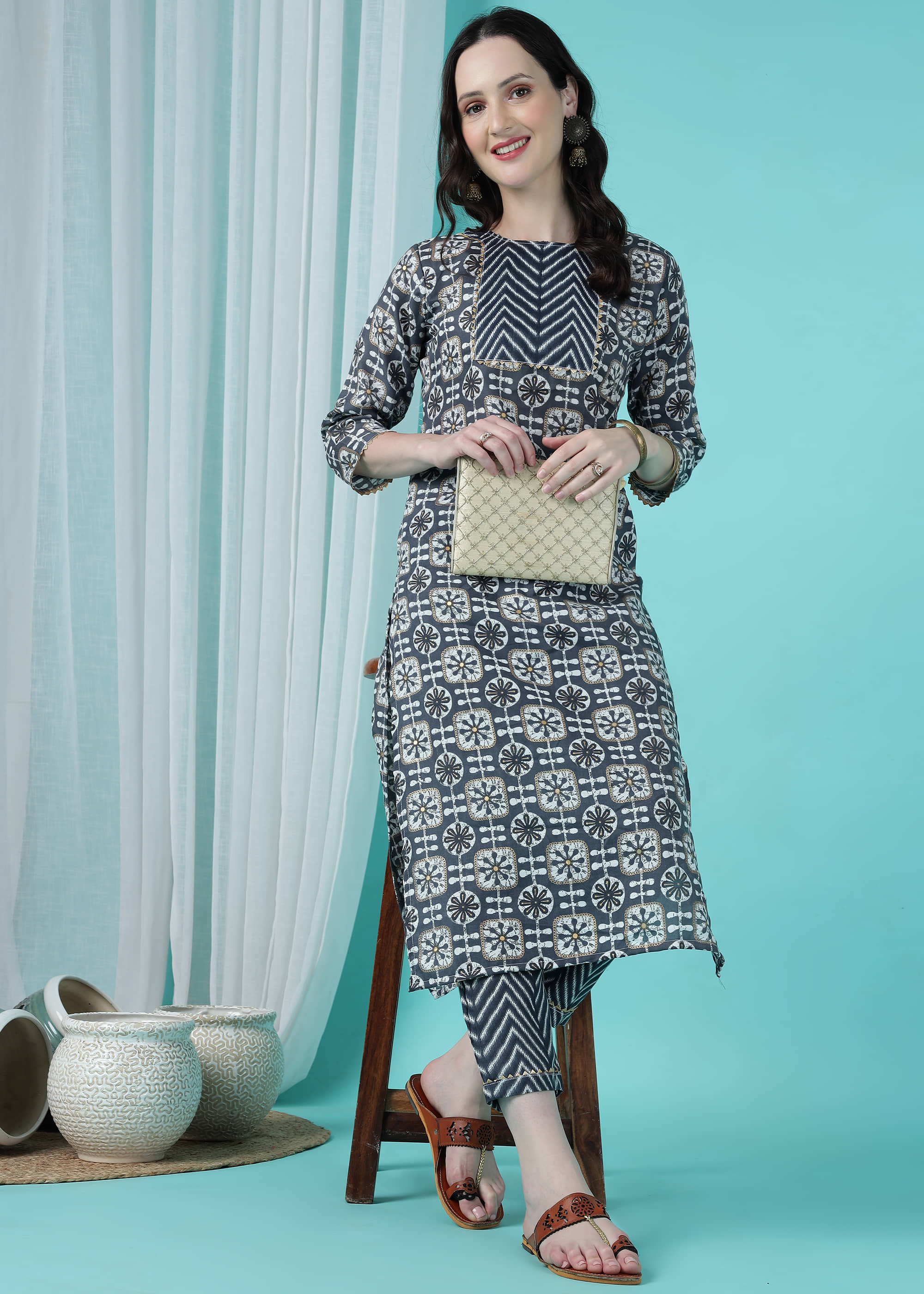 TRAHIMAM Cotton Blend Printed Kurti With Pants Women's Stitched Salwar Suit - Blue ( Pack of 1 )