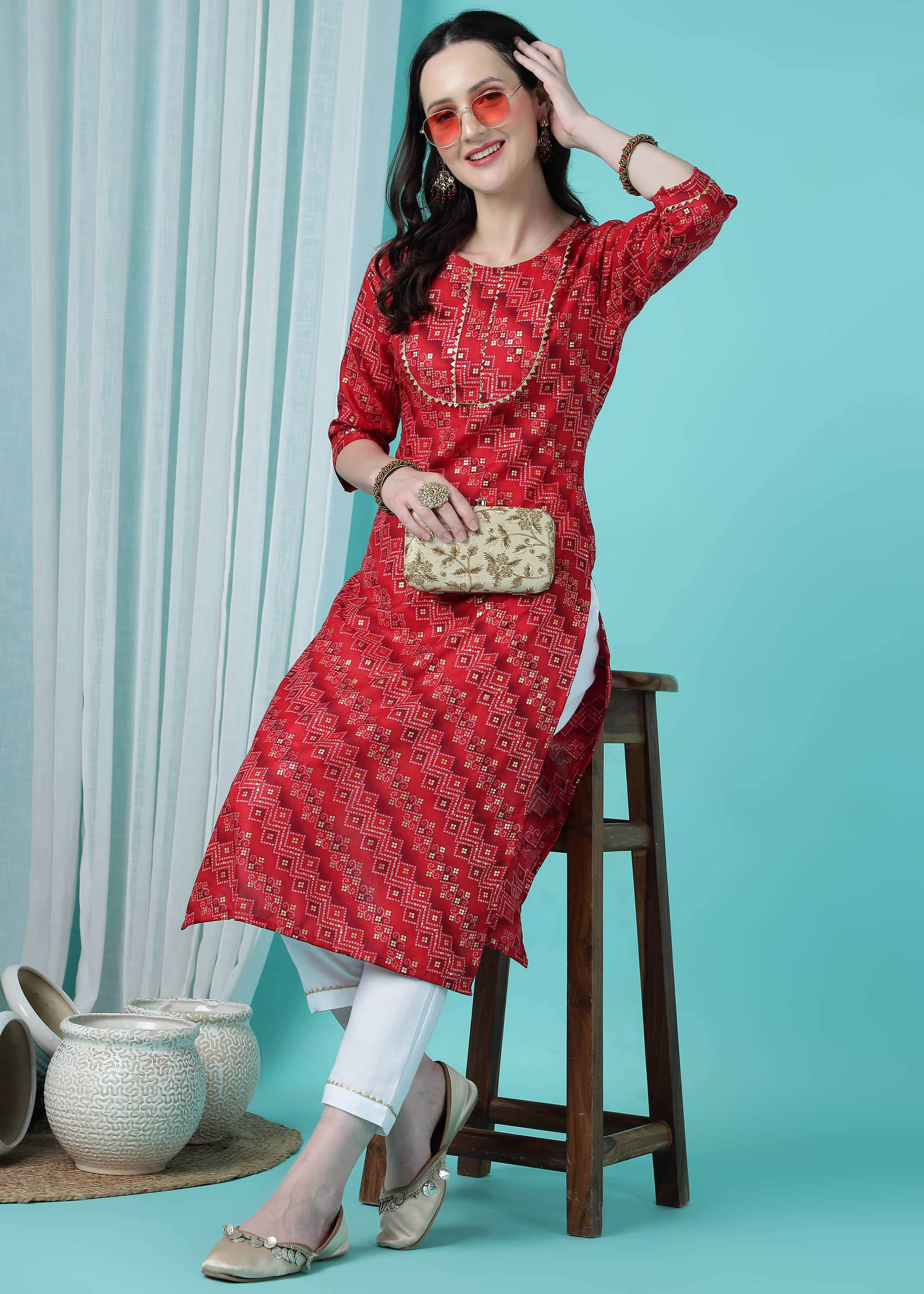 TRAHIMAM Cotton Blend Printed Kurti With Pants Women's Stitched Salwar Suit - Red ( Pack of 1 )