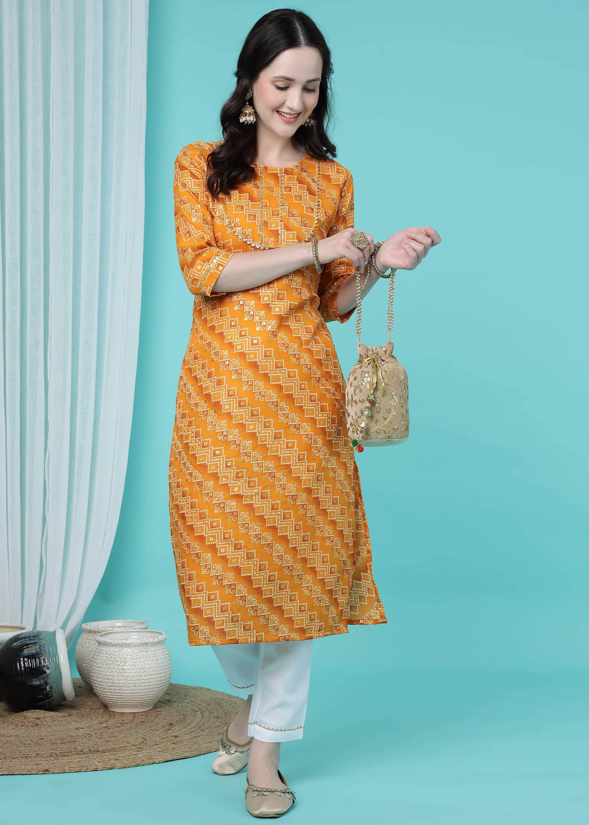 TRAHIMAM Cotton Blend Printed Kurti With Pants Women's Stitched Salwar Suit - Yellow ( Pack of 1 )