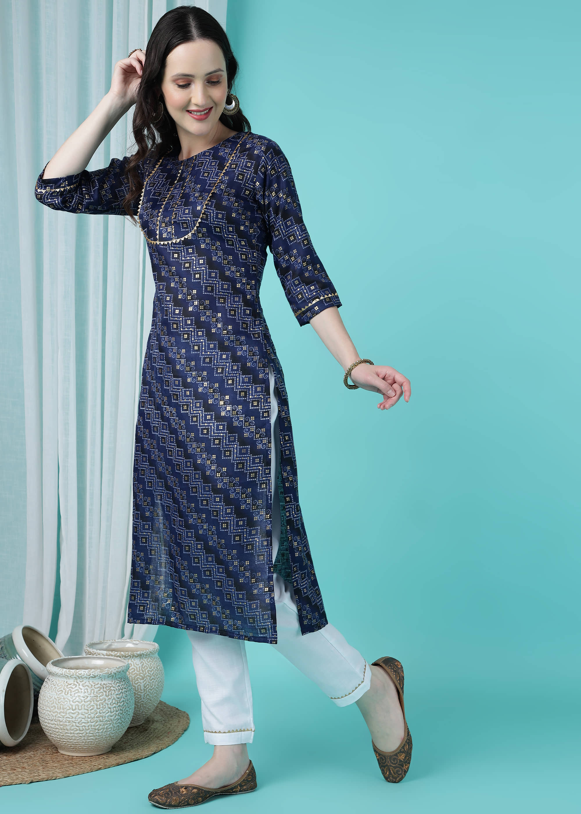 TRAHIMAM Cotton Blend Printed Kurti With Pants Women's Stitched Salwar Suit - Blue ( Pack of 1 )
