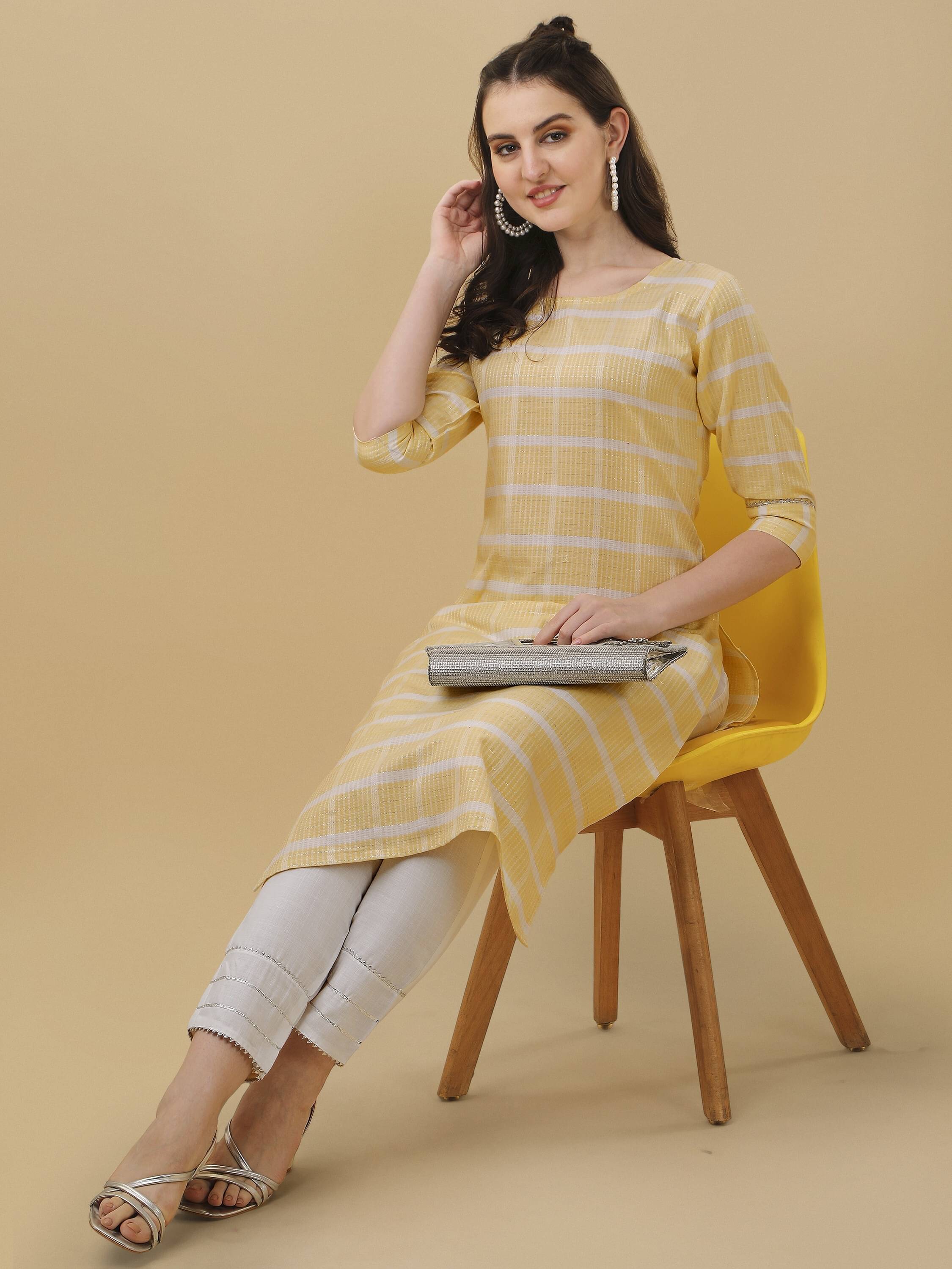     			TRAHIMAM Cotton Checks Kurti With Pants Women's Stitched Salwar Suit - Yellow ( Pack of 1 )