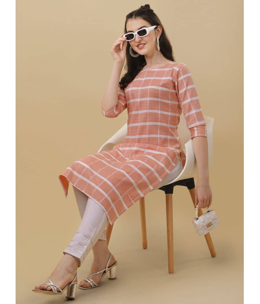 TRAHIMAM Cotton Checks Kurti With Pants Women's Stitched Salwar Suit - Orange ( Pack of 1 )