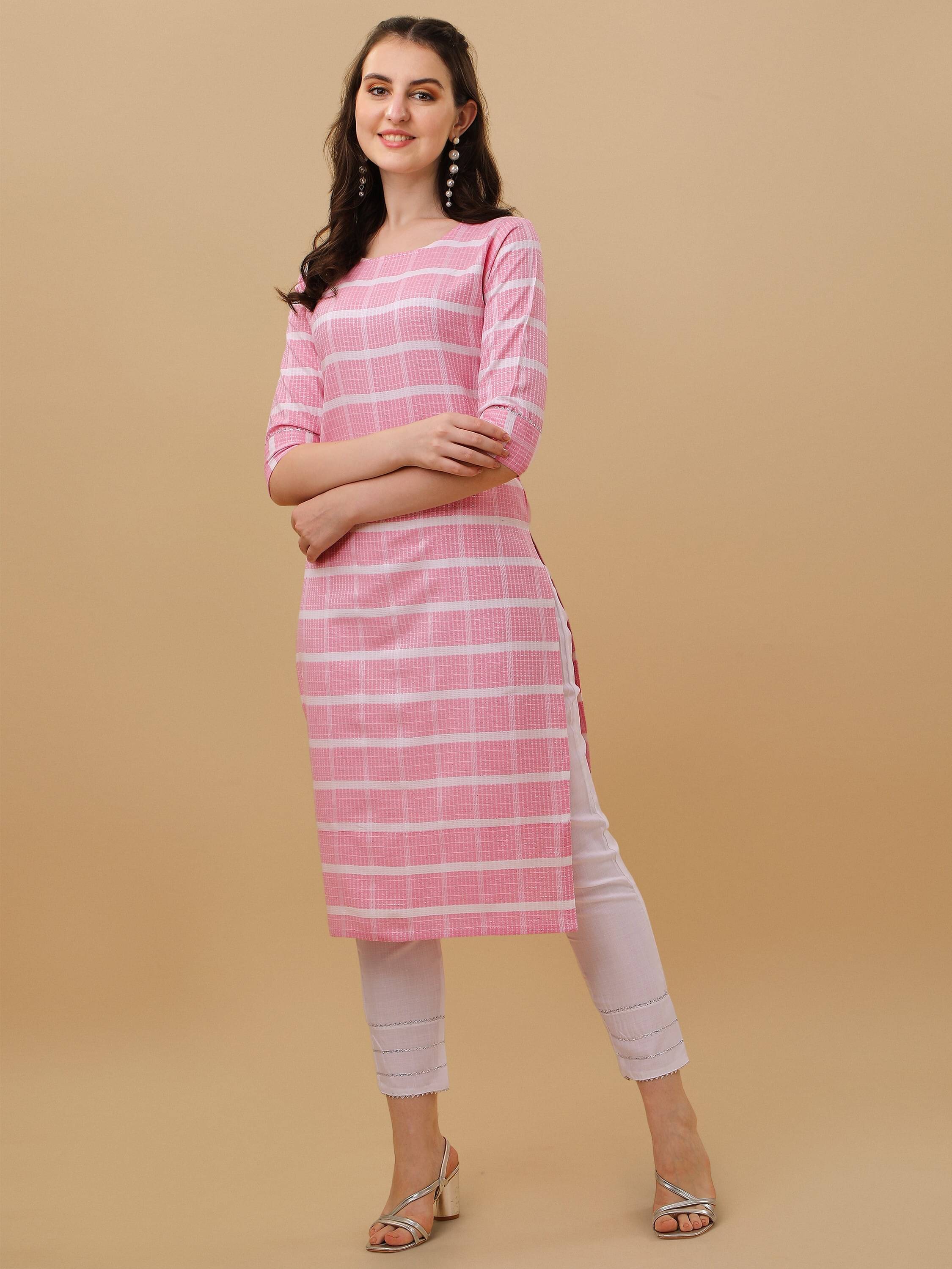 TRAHIMAM Cotton Checks Kurti With Pants Women's Stitched Salwar Suit - Pink ( Pack of 1 ) TRAHIMAM Cotton Checks Kurti With Pants Women's Stitched Salwar Suit - Pink ( Pack of 1 )
