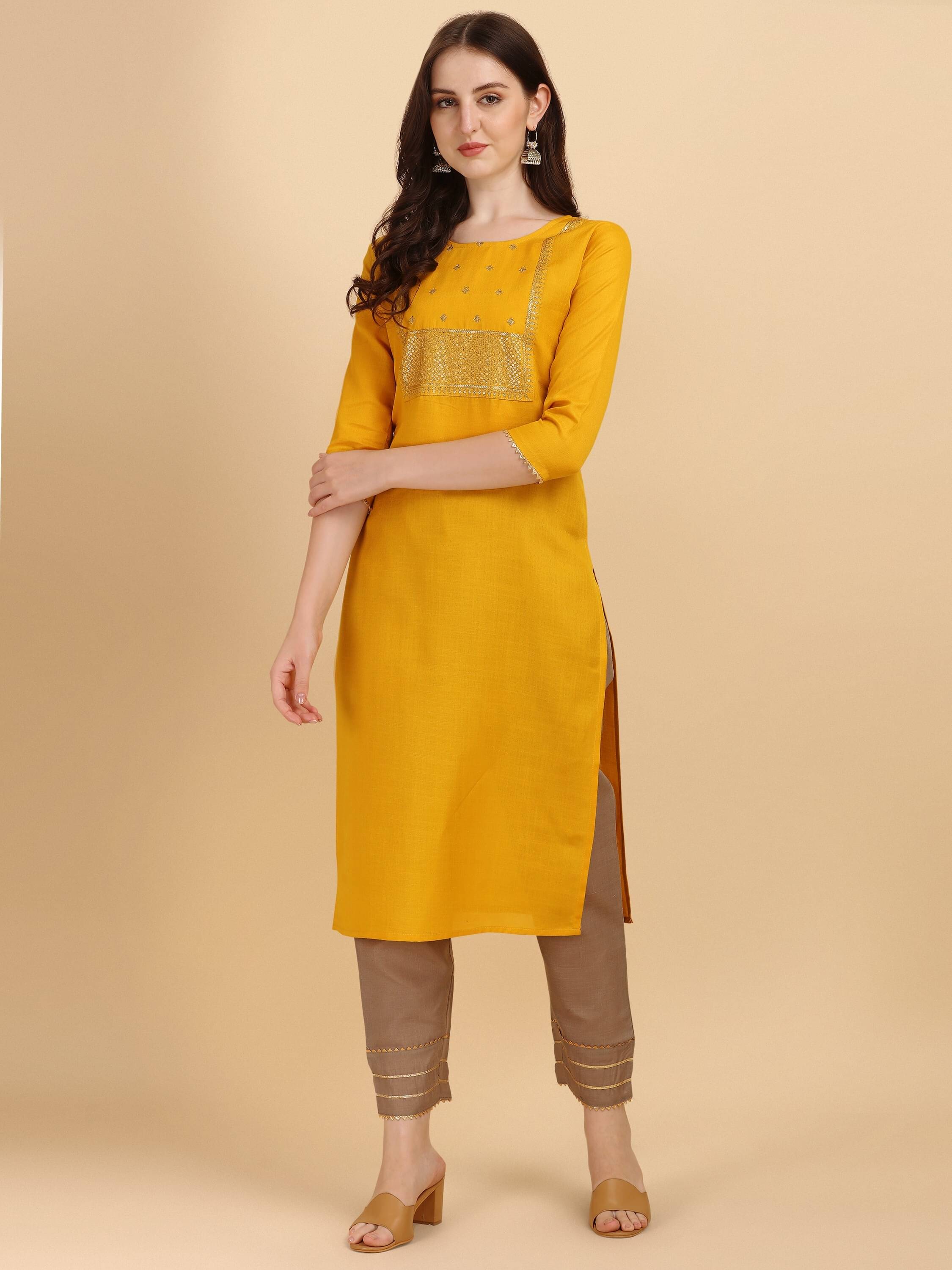     			TRAHIMAM Cotton Embellished Kurti With Pants Women's Stitched Salwar Suit - Yellow ( Pack of 1 )