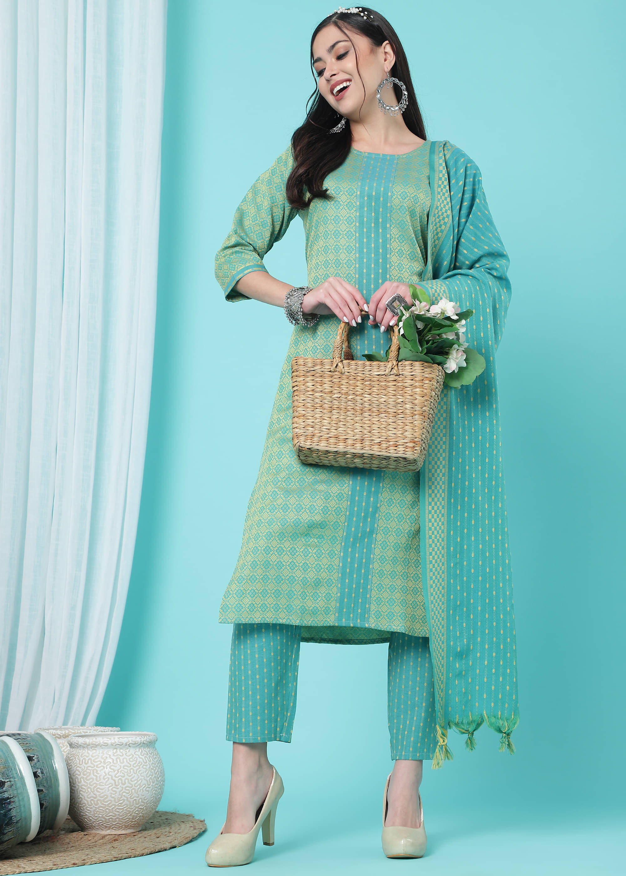 TRAHIMAM Cotton Printed Kurti With Pants Women's Stitched Salwar Suit - Green ( Pack of 1 ) TRAHIMAM Cotton Printed Kurti With Pants Women's Stitched Salwar Suit - Green ( Pack of 1 )