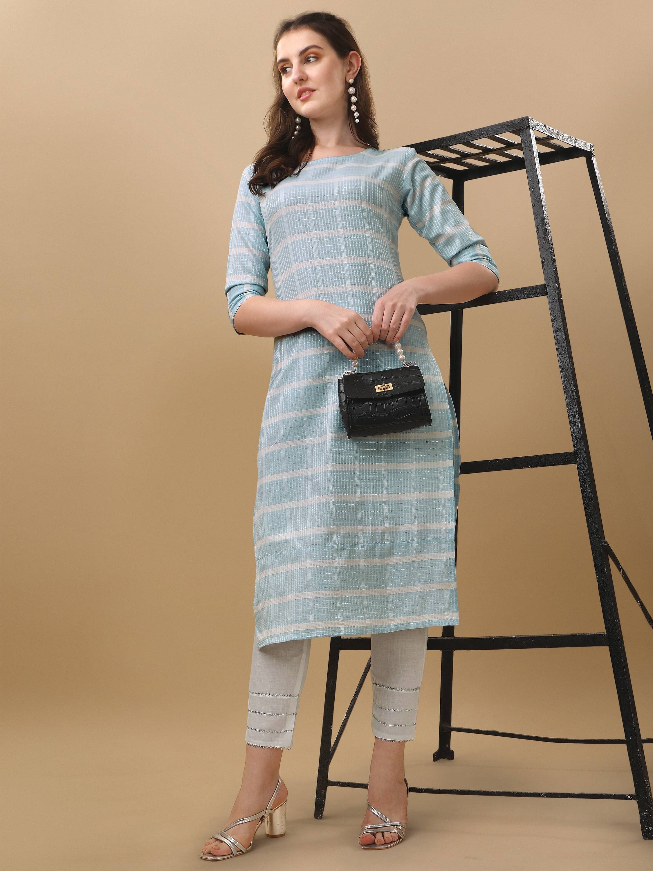    			TRAHIMAM Cotton Striped Kurti With Pants Women's Stitched Salwar Suit - Blue ( Pack of 1 )