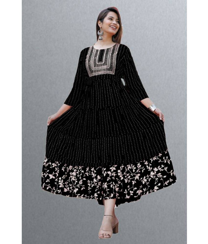 CTMTEX Rayon Printed Flared Women's Kurti - Black ( Pack of 1 ) CTMTEX Rayon Printed Flared Women's Kurti - Black ( Pack of 1 )